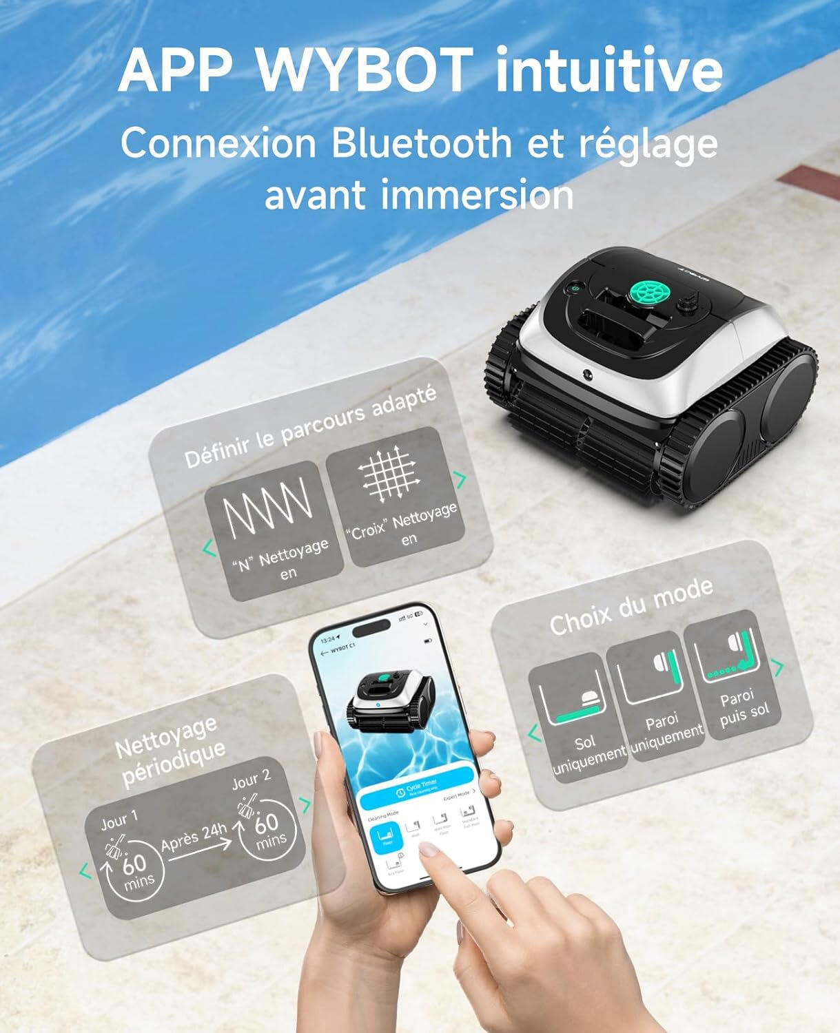 Robot piscine sans fil nettoyage fond, parois, ligne d'eau 150 min WYBOT OS800 3/5