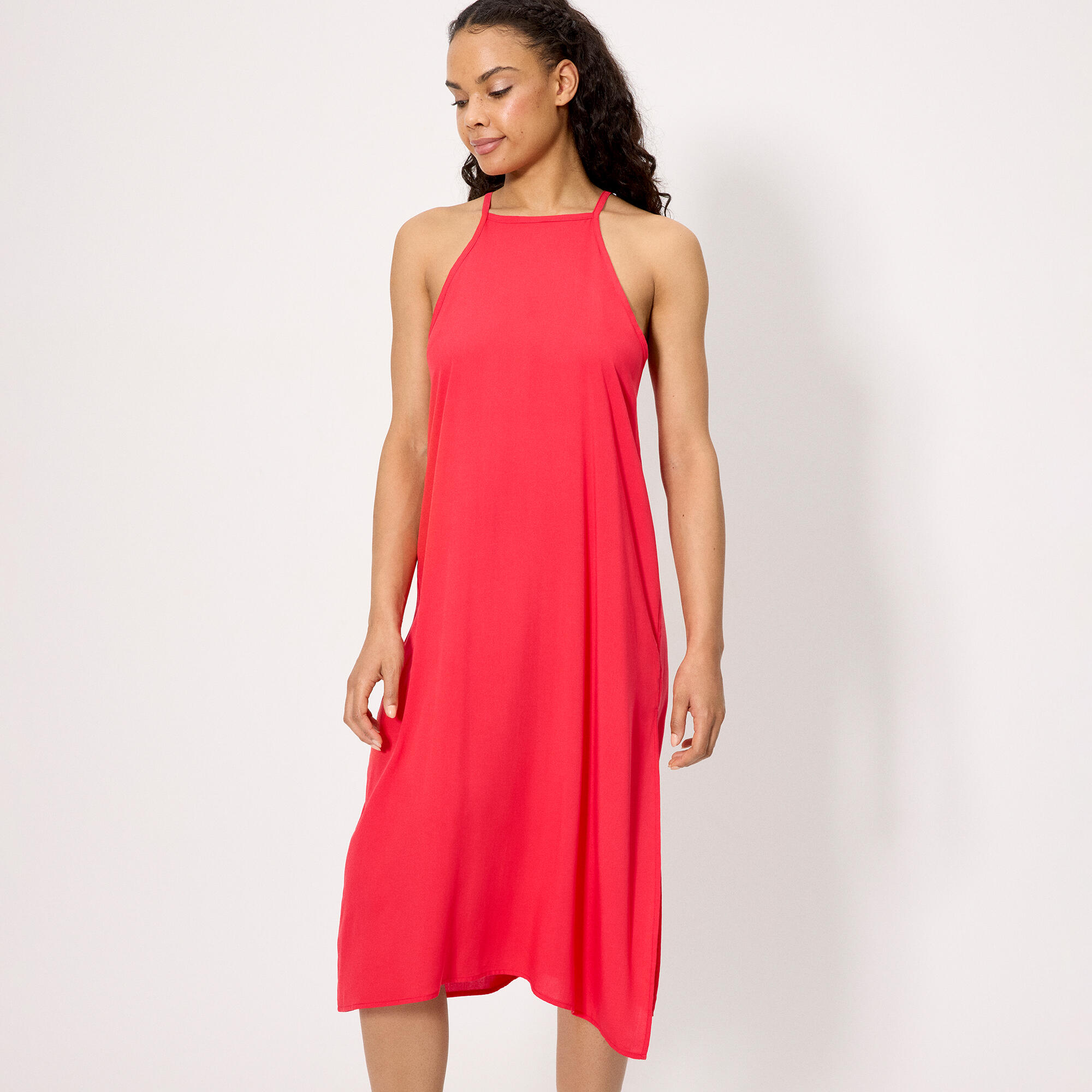 Robe longue corail à bretelles réglables 1/4