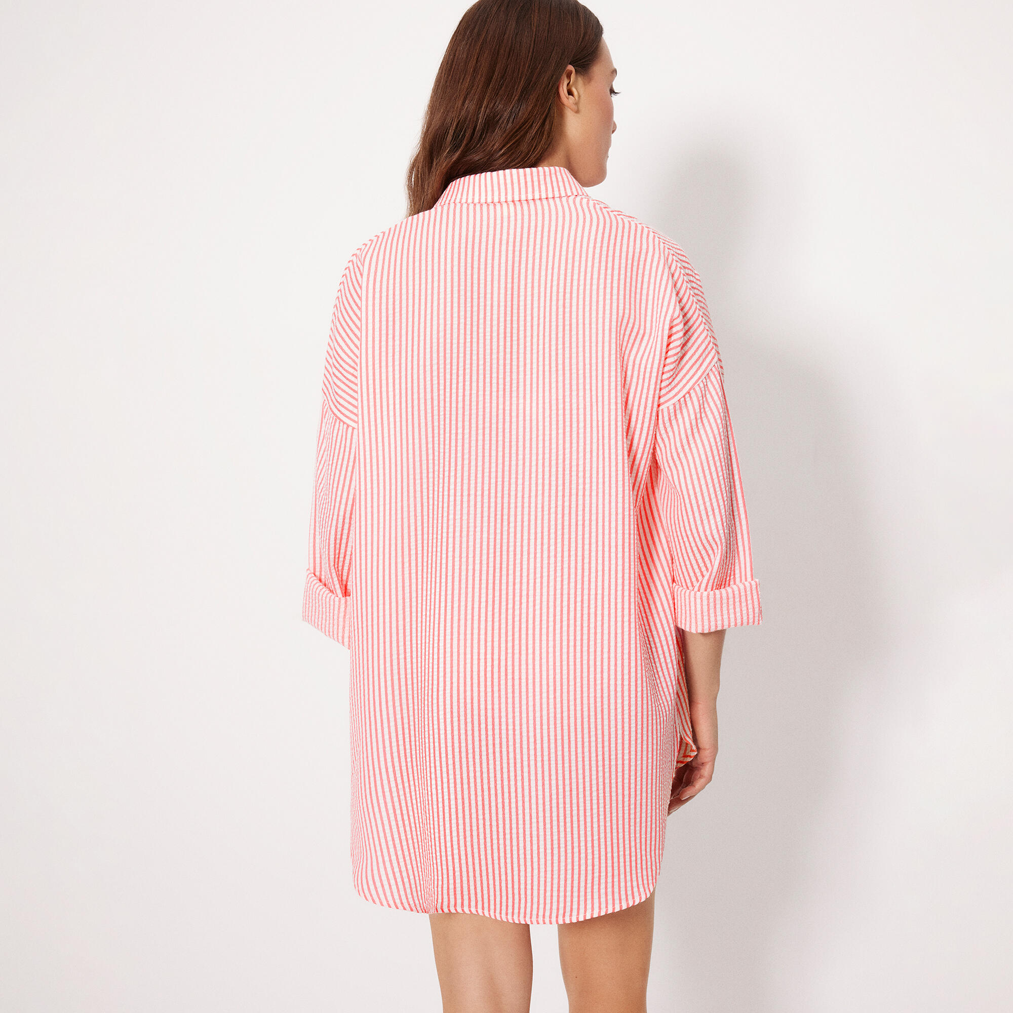 Chemise longue en coton rose à rayures 3/4