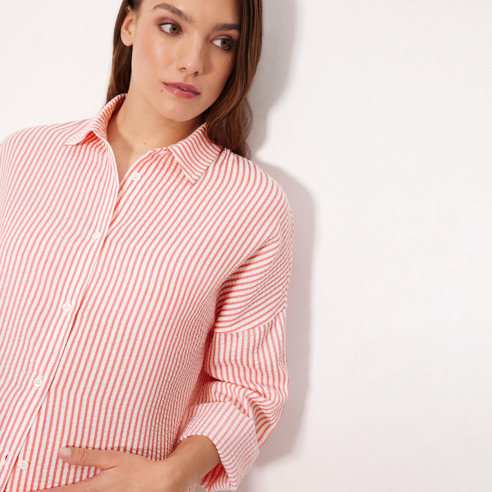 Chemise longue en coton rose à rayures 4/4