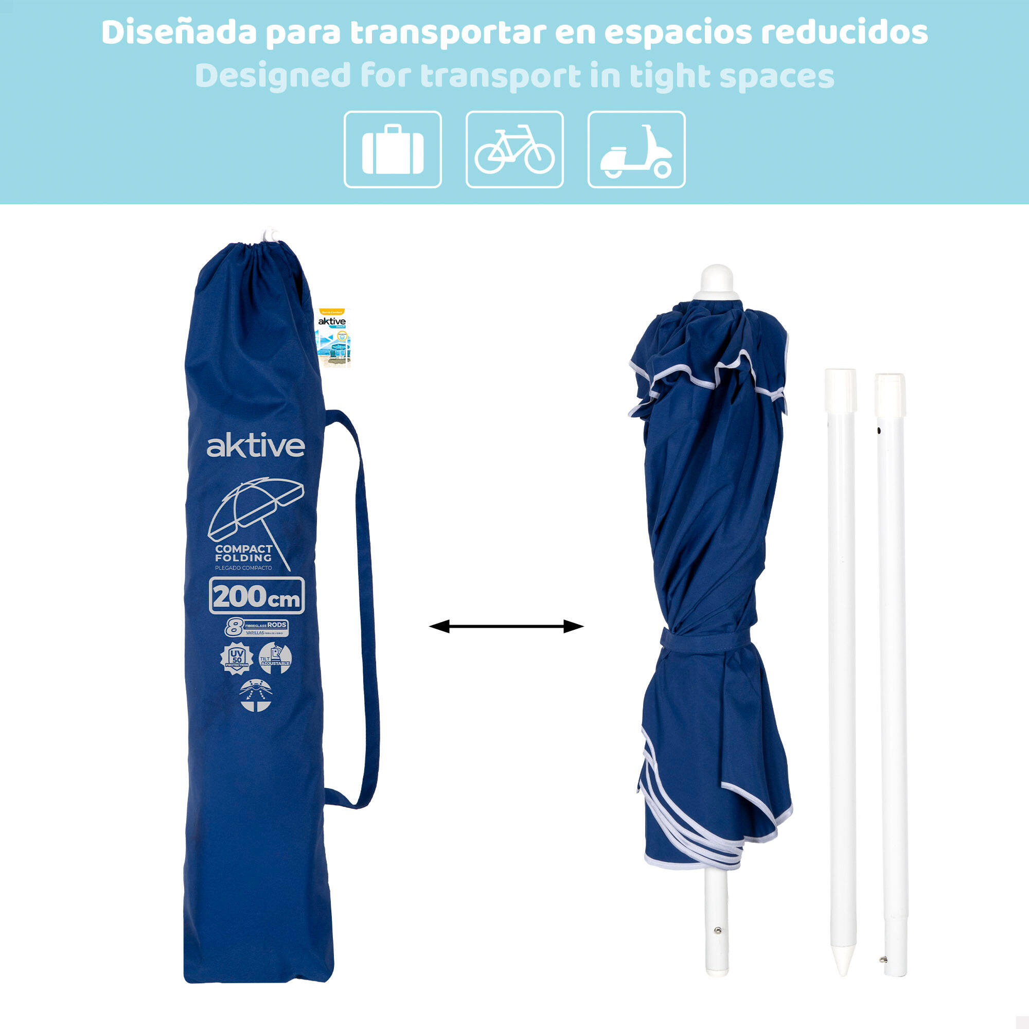 Aktive Sombrilla playa 8 varillas 200 cm azul plegado compacto 3/7