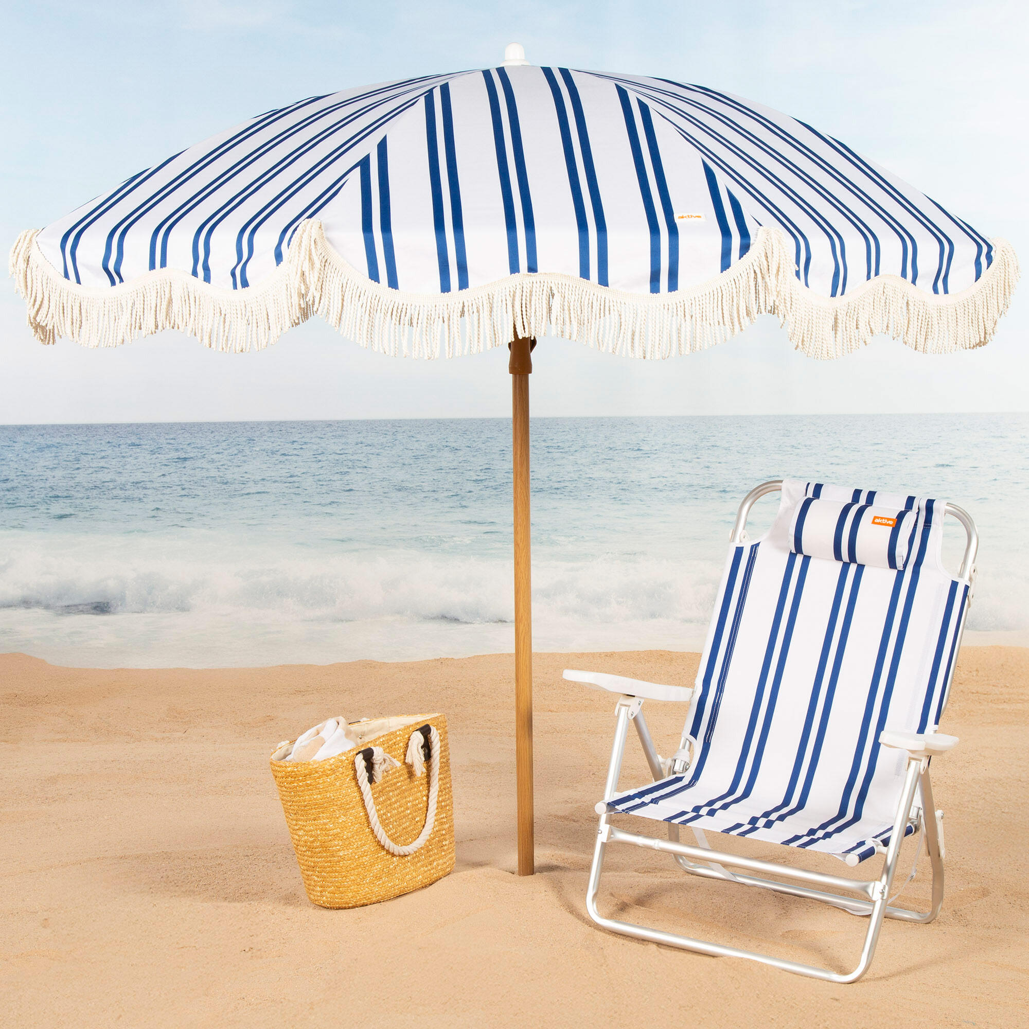 Aktive Sombrilla de playa 8 varillas 200 cm a rayas con flecos 2/7