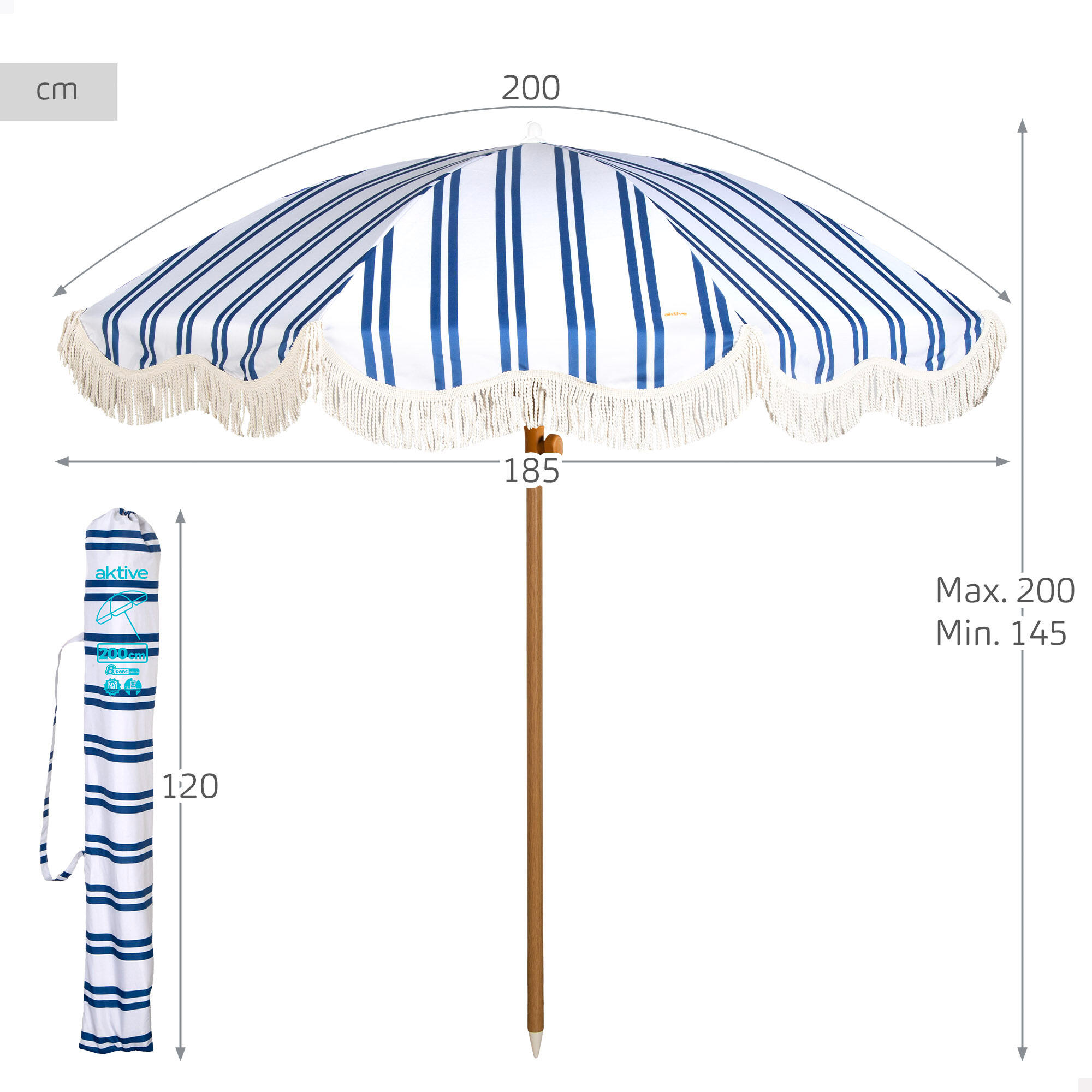 Aktive Sombrilla de playa 8 varillas 200 cm a rayas con flecos 4/7