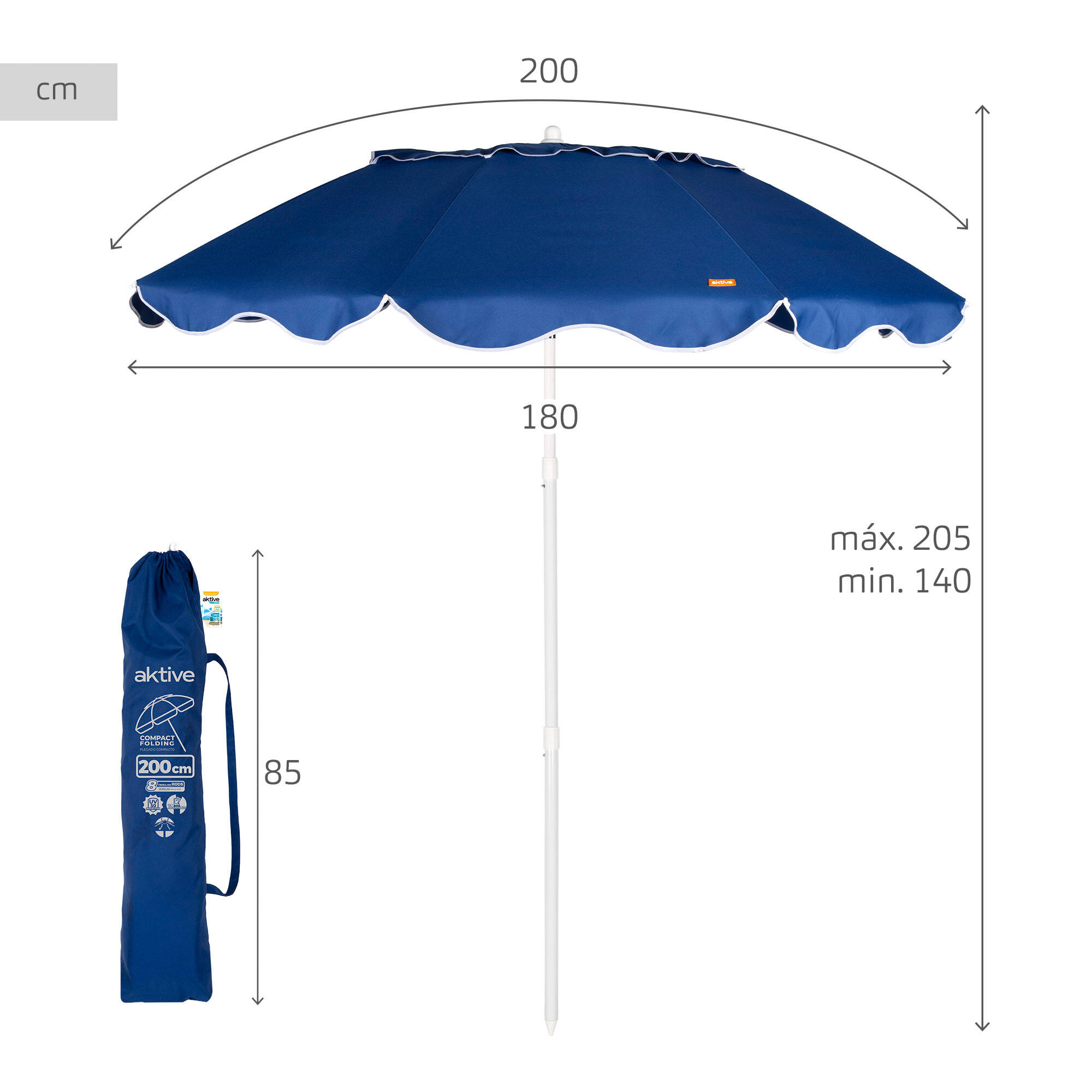 Aktive Sombrilla playa 8 varillas 200 cm azul plegado compacto 4/7