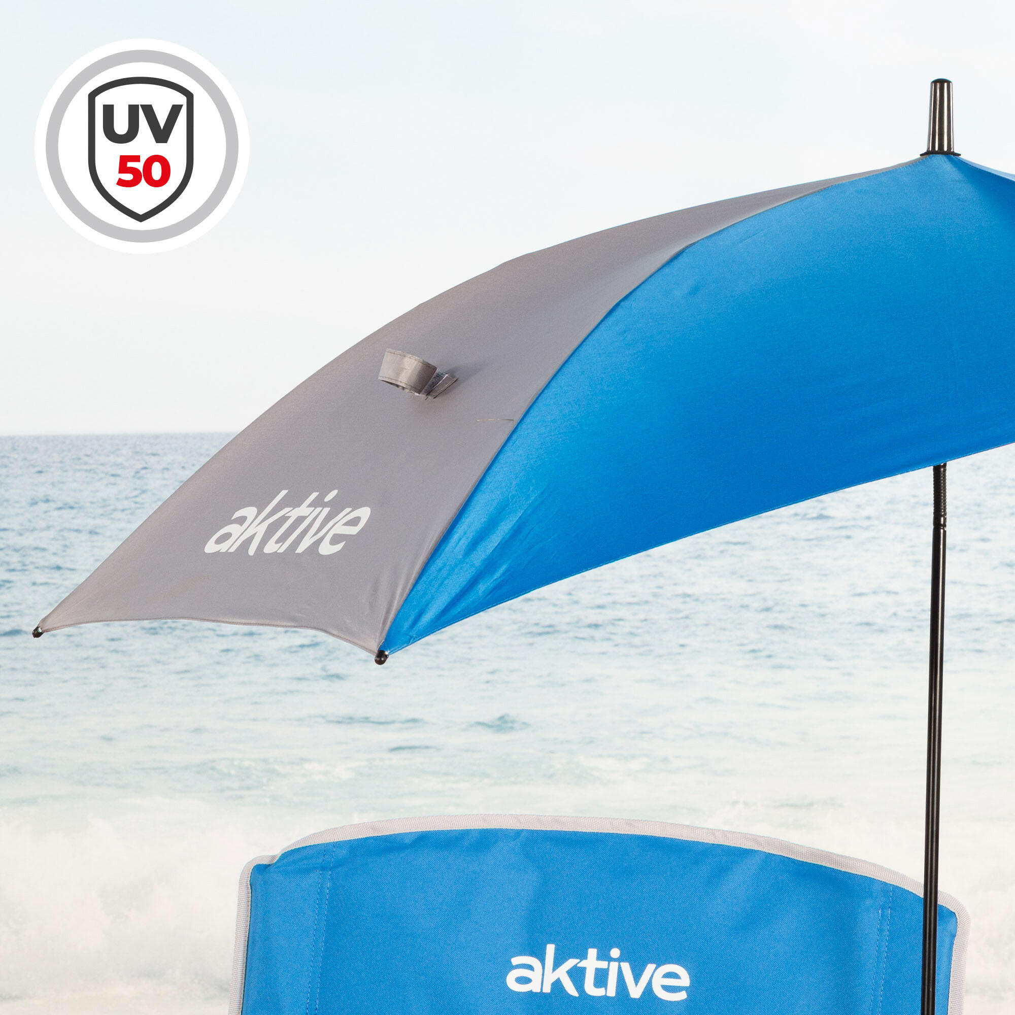 Aktive Cadeira dobrável com guarda-sol e suporte para copos 50x49x65 cm azul 3/7
