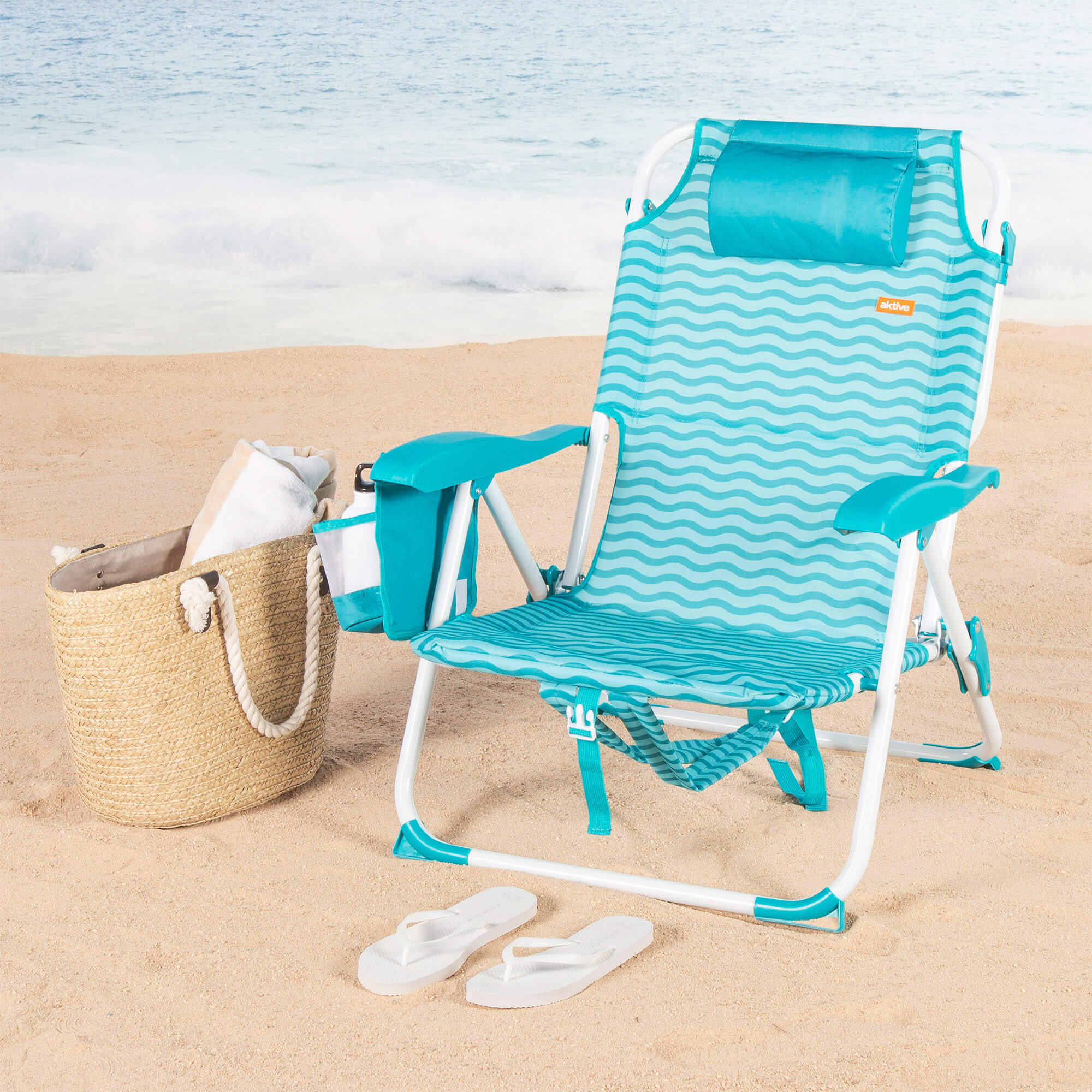 Aktive Cadeira de praia multiposições 48x58x76 cm ondas azuis com bolsos 2/7