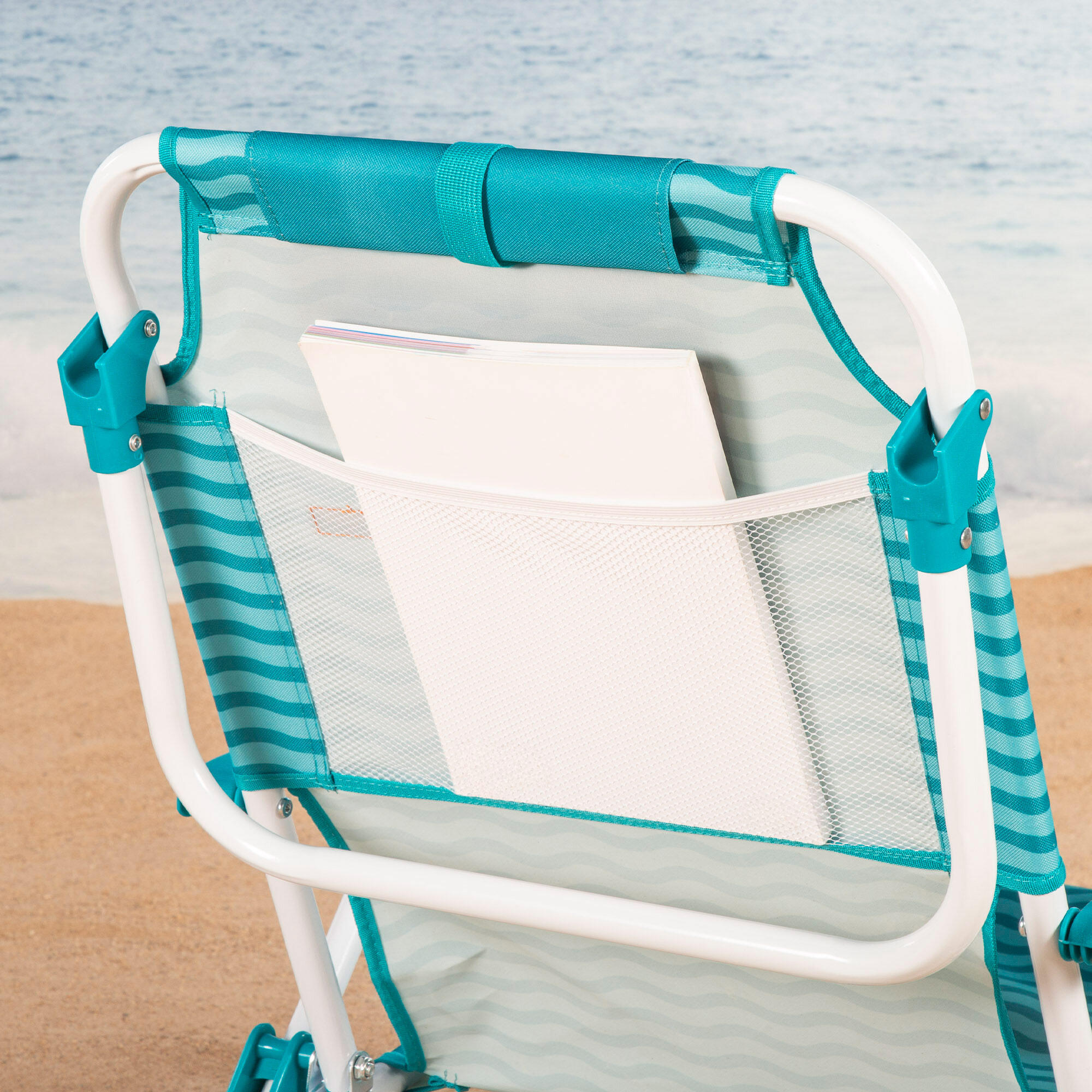 Aktive Cadeira de praia multiposições 48x58x76 cm ondas azuis com bolsos 7/7