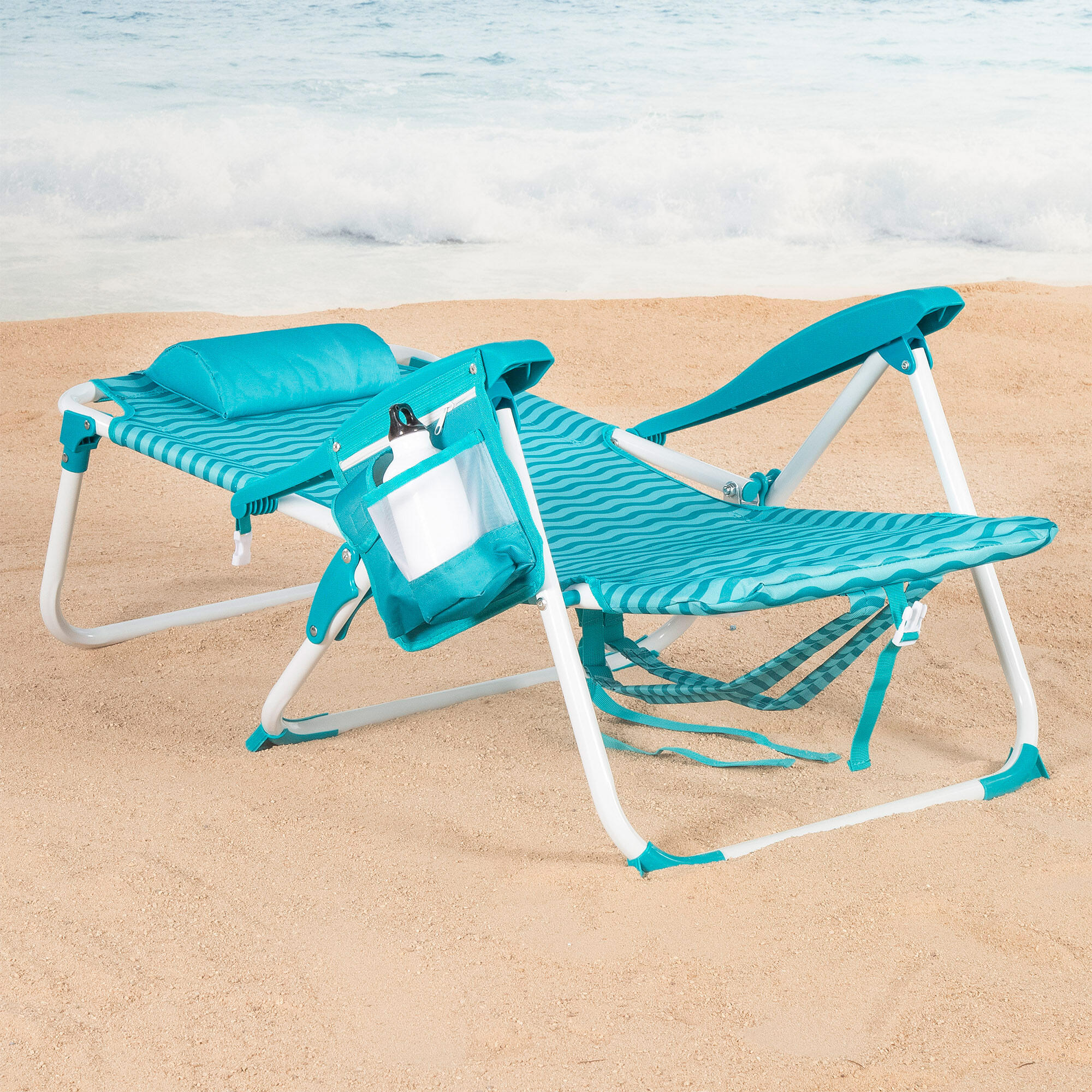 Aktive Cadeira de praia multiposições 48x58x76 cm ondas azuis com bolsos 5/7