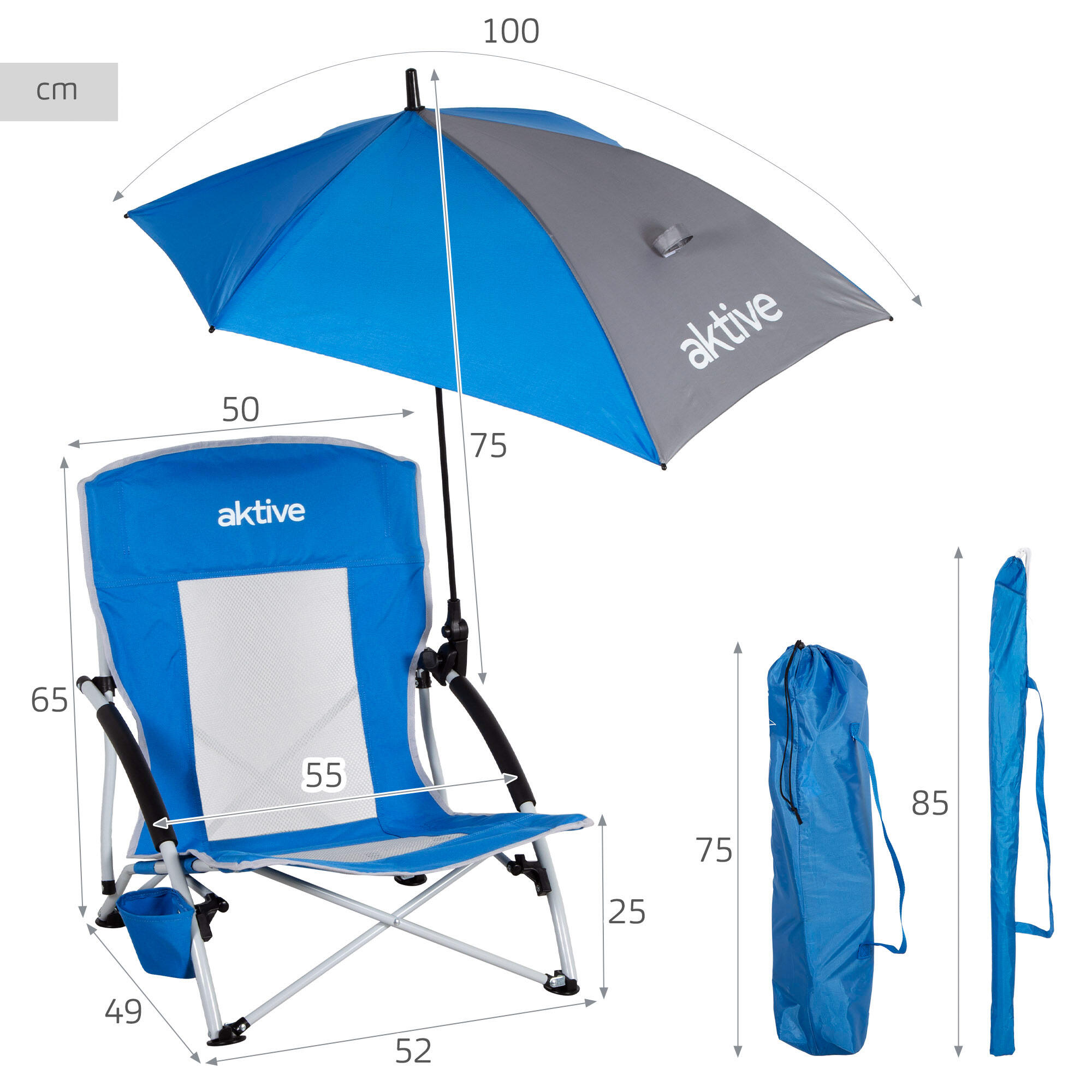 Aktive Cadeira dobrável com guarda-sol e suporte para copos 50x49x65 cm azul 4/7