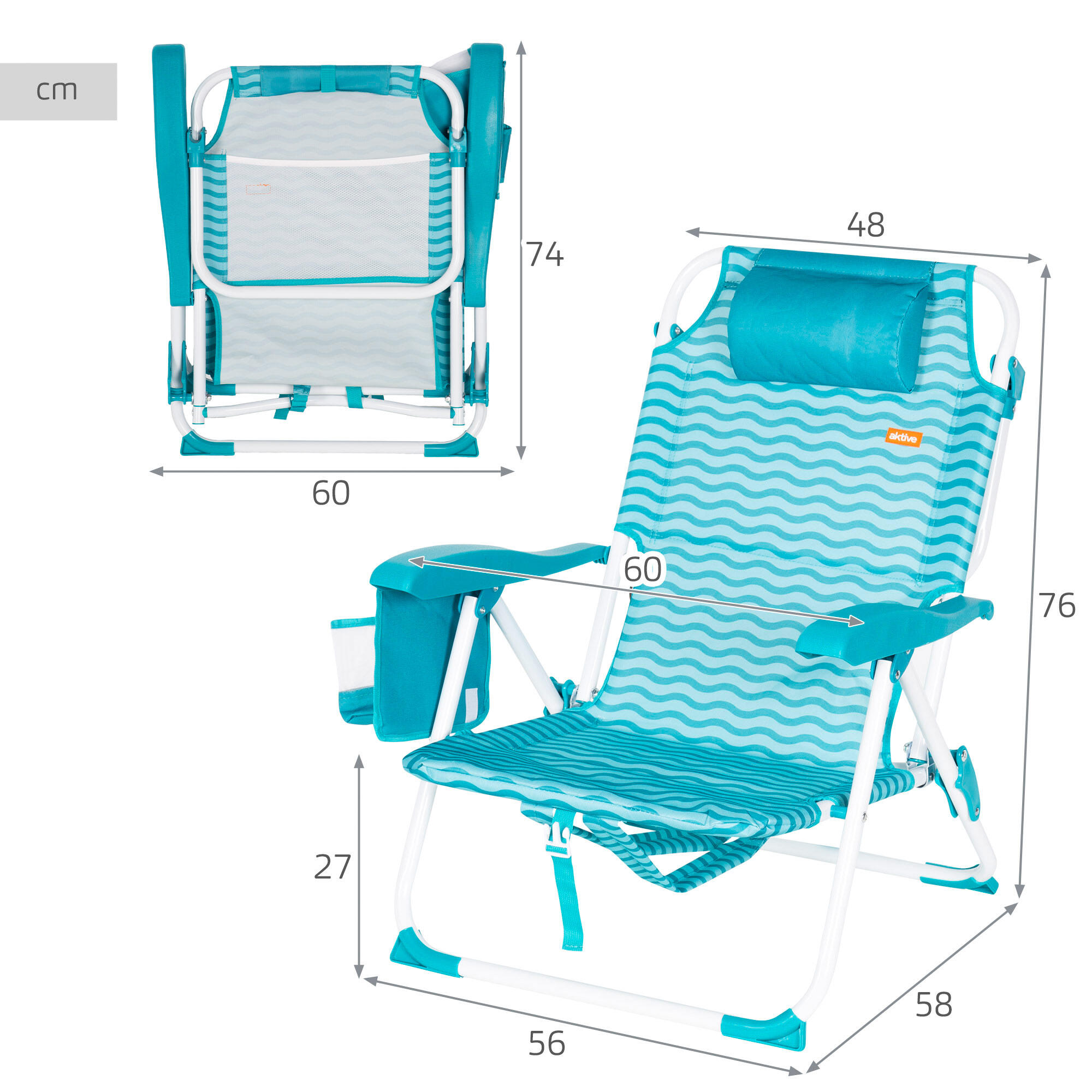 Aktive Cadeira de praia multiposições 48x58x76 cm ondas azuis com bolsos 4/7