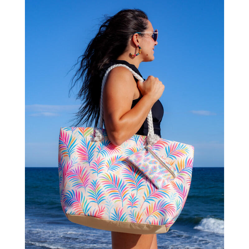 BOLSO ESTAMPADO DE PLAYA CON MONEDERO PLUMAS 3/4