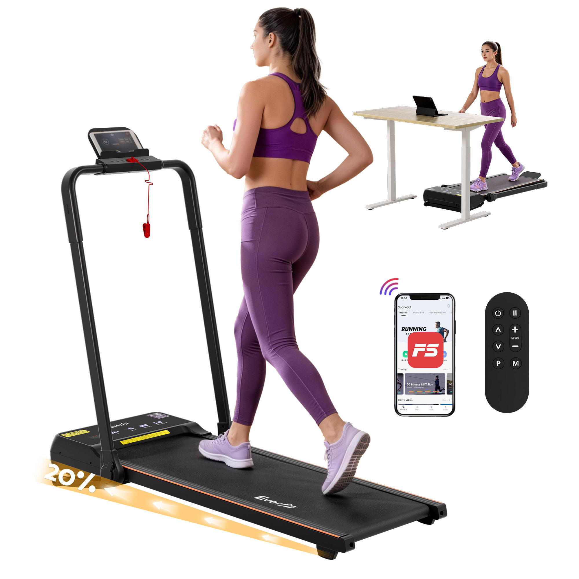 Everfit 3 in 1 Walking Pad Treadmill 20% Auto Incline Under Desk Foldable