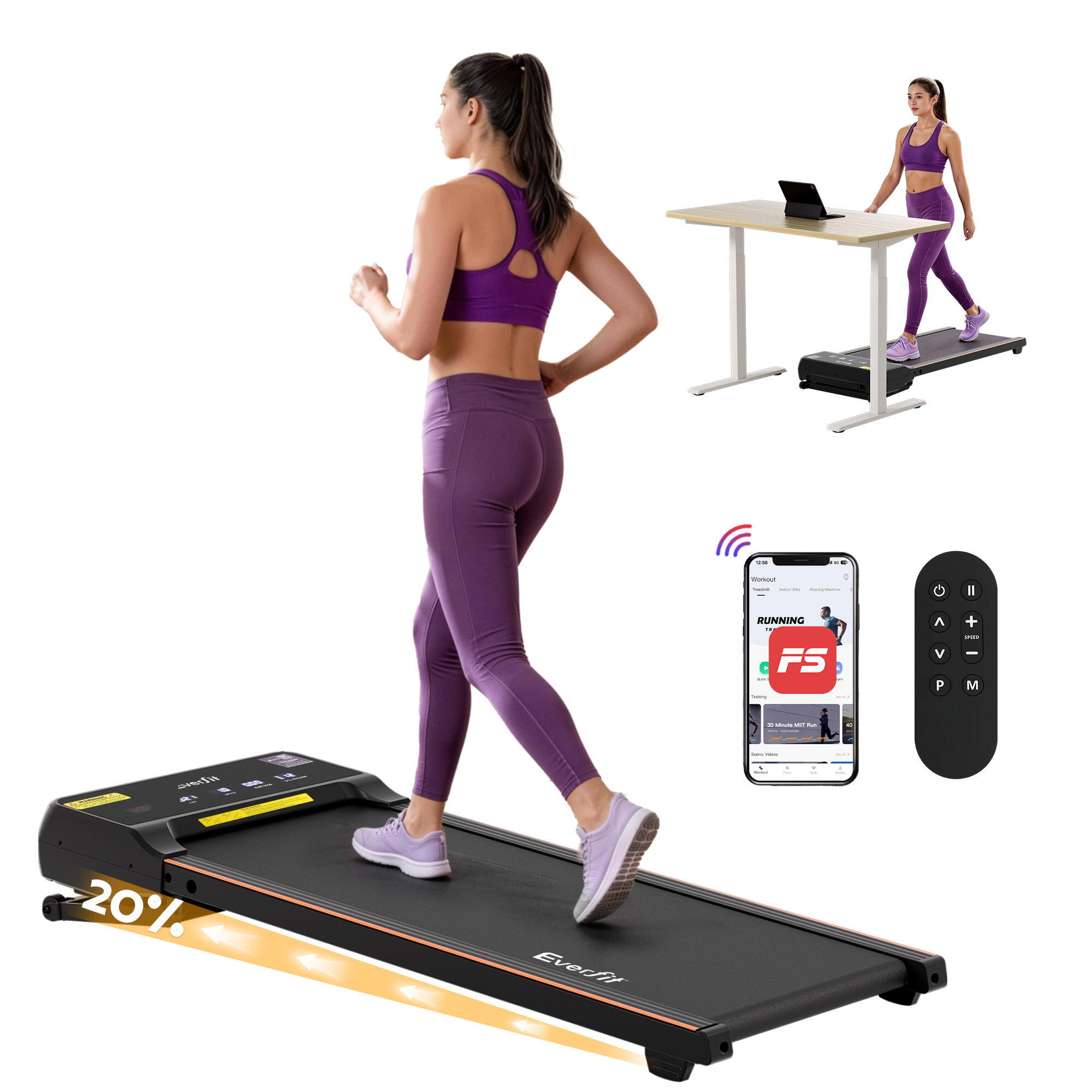 Everfit 3 in 1 Walking Pad Treadmill 20% Auto Incline Under Desk Treadmills