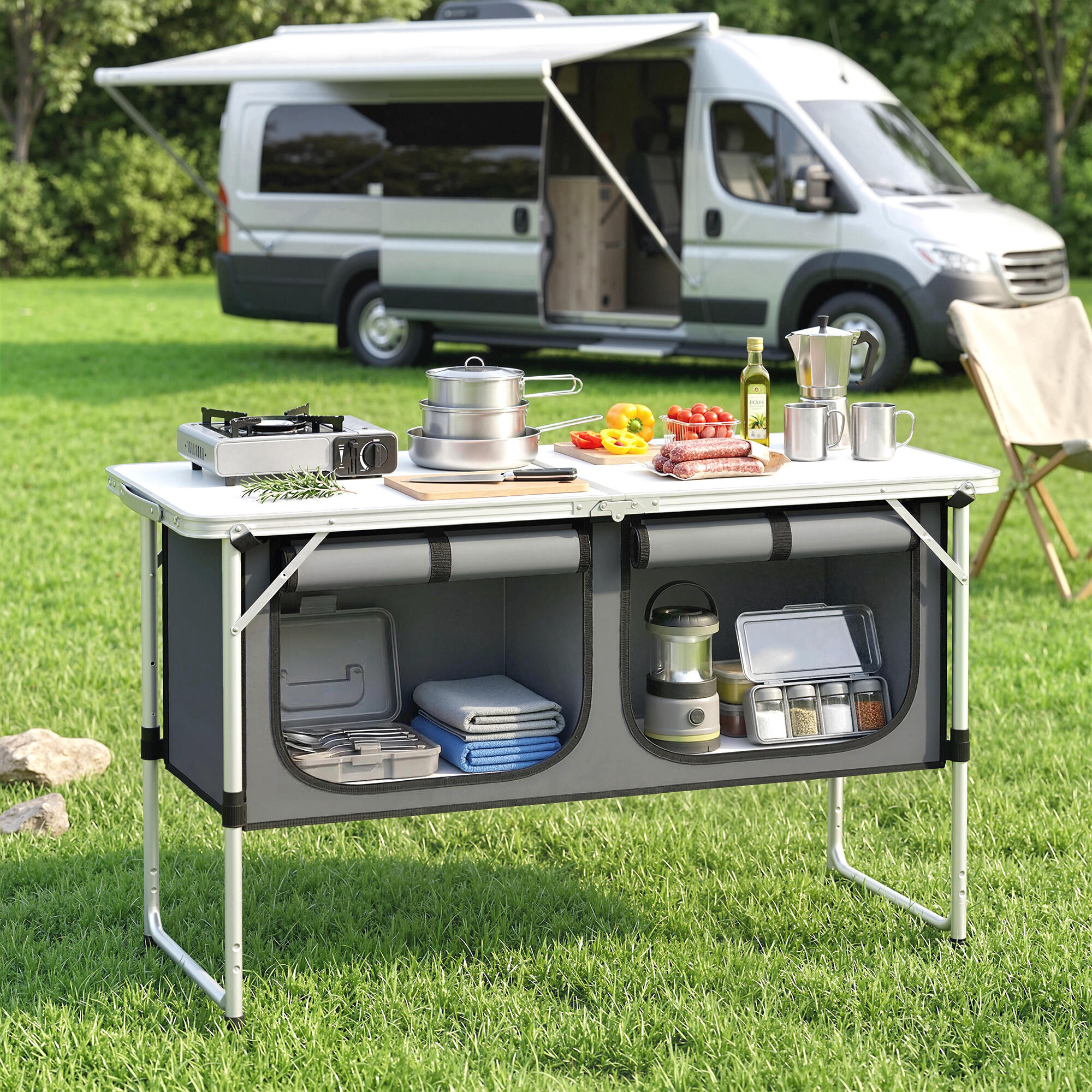 Outsunny Mobile Cucina da Campeggio Pieghevole con Armadietto, Argento 2/7