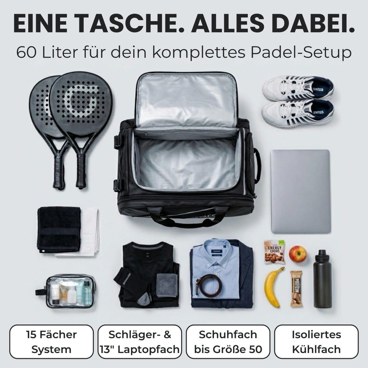 Borsa da padel con scomparto per 2 racchette | 60L - Nero 2/7