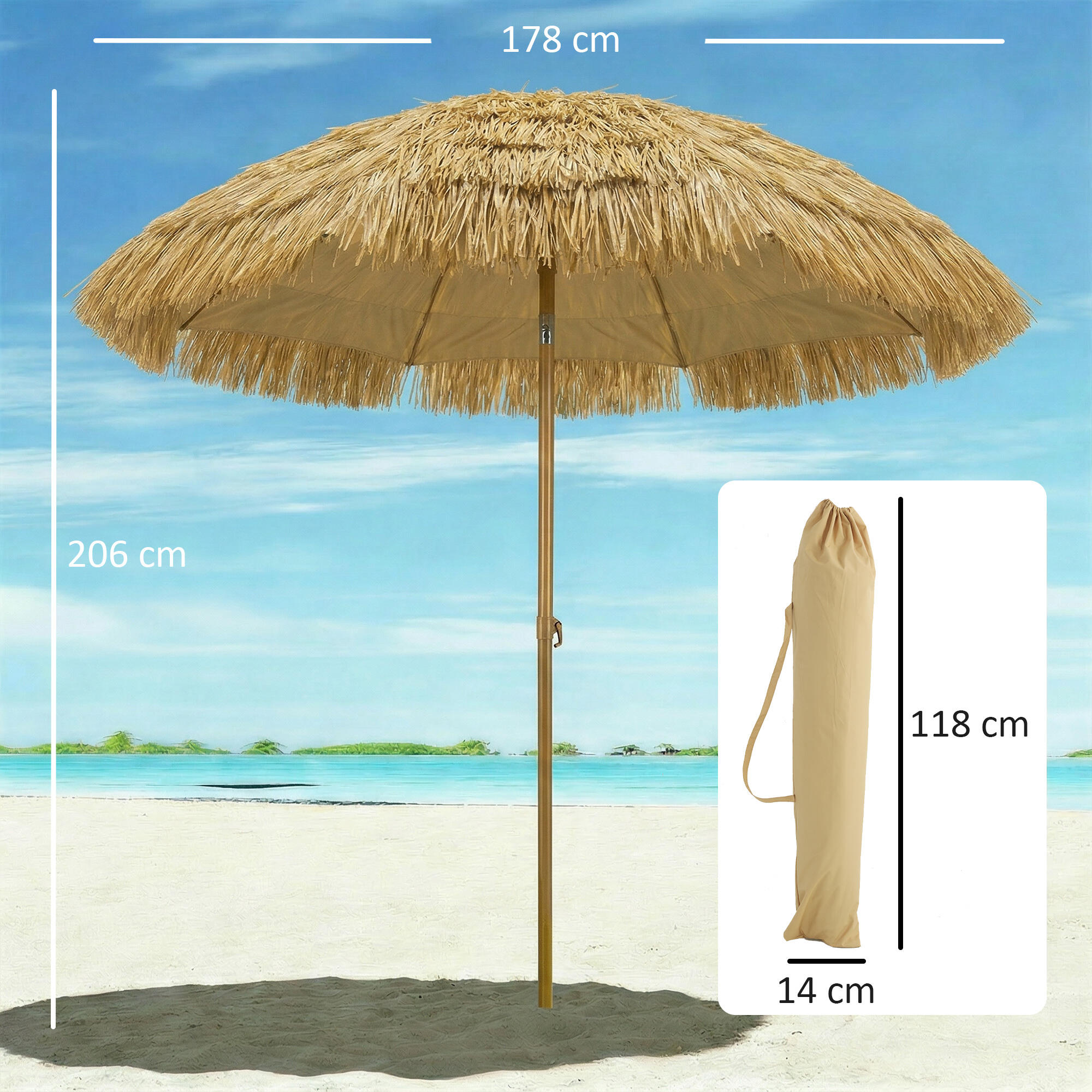 Chapéu de sol de praia 178x178x206 cm castanho claro Outsunny 3/5