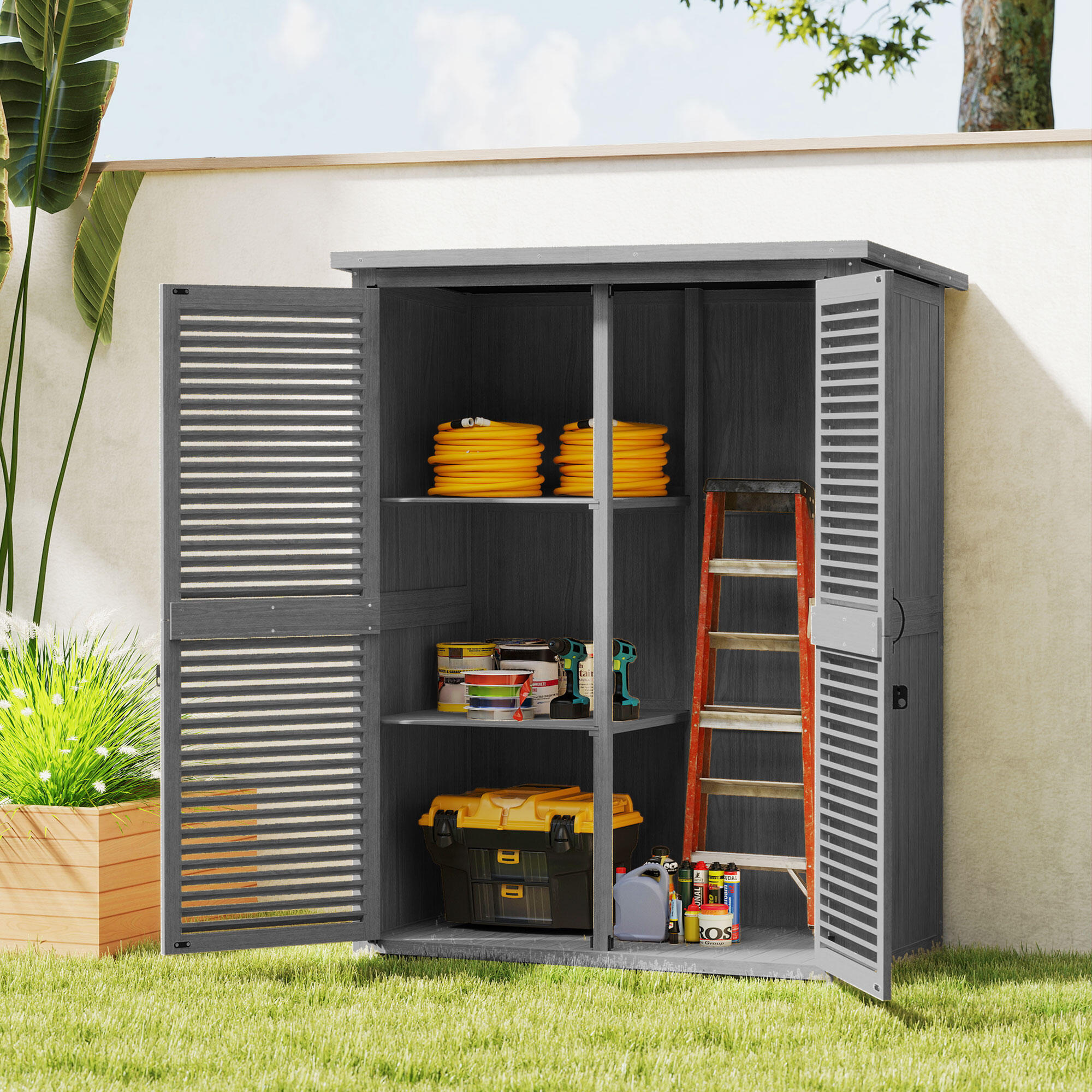 Abrigo de madeira 127x65x168 cm cinzento Outsunny 4/5