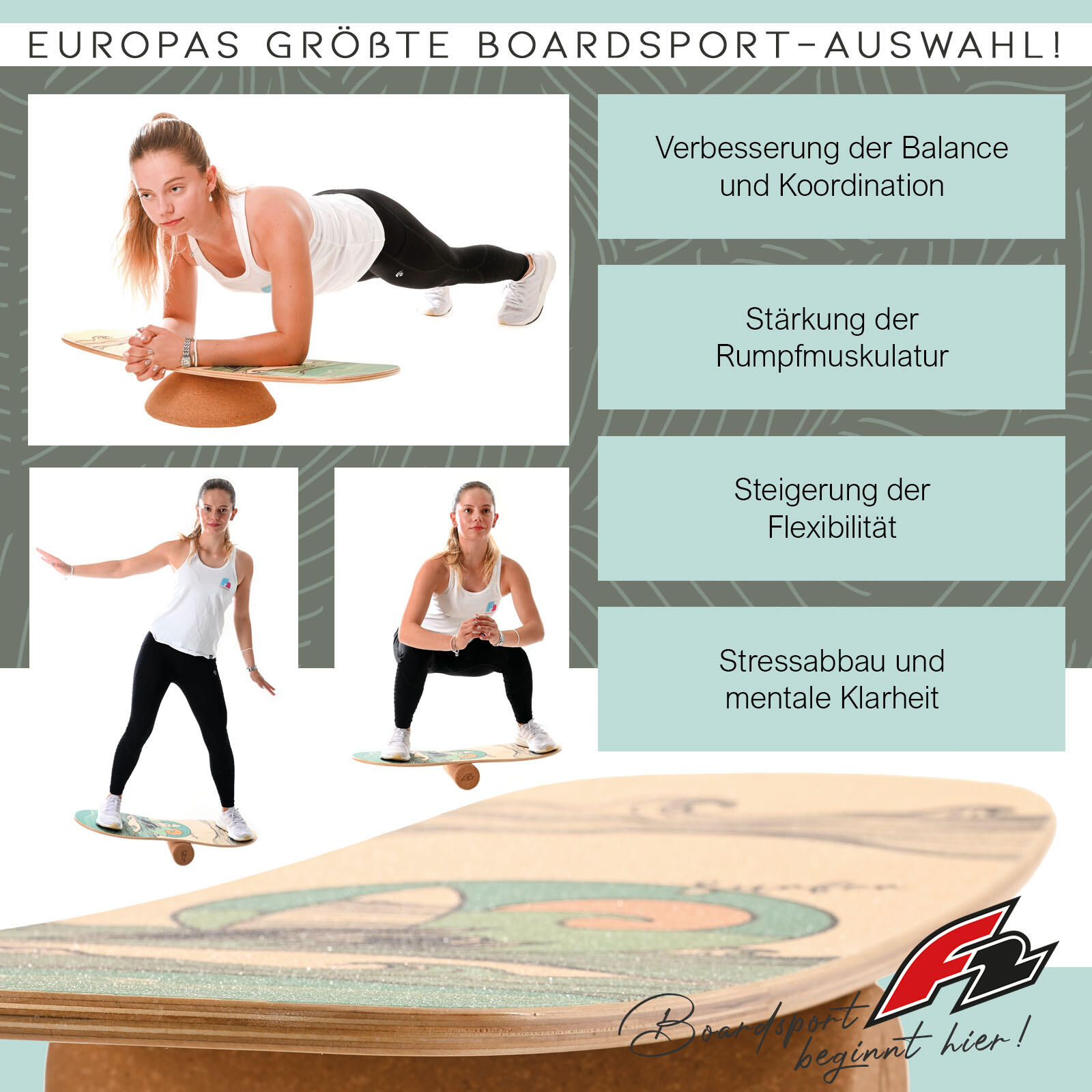 F2 Set Balance Board Peanut 86x32cm + semisfera e rullo in sughero 3/6