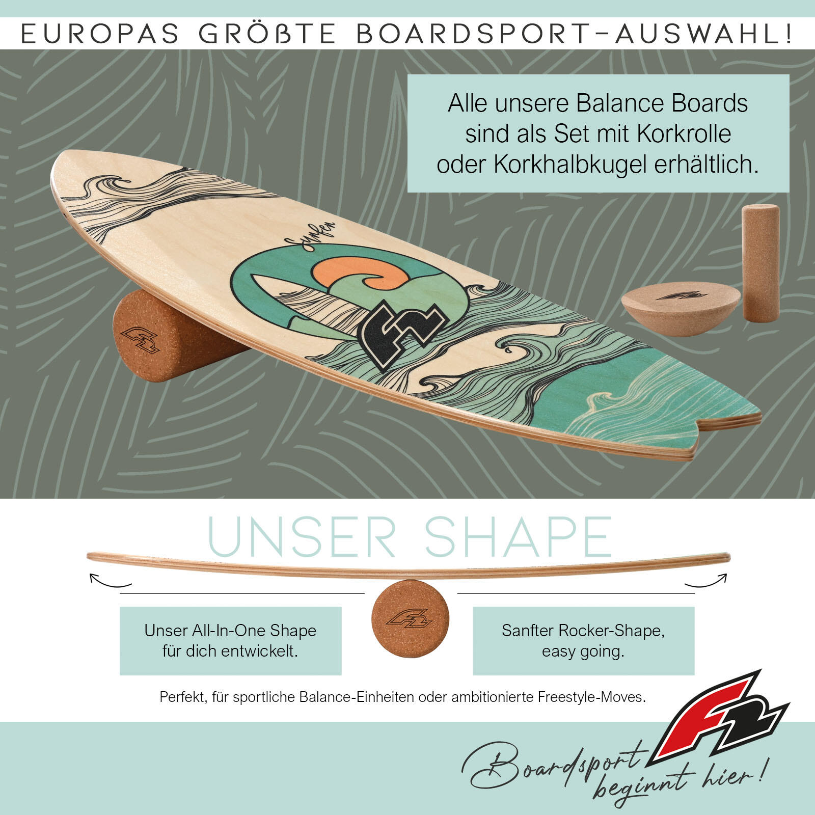 Set F2 Balance Board Surfer 76x28cm con rodillo de corcho 2/7