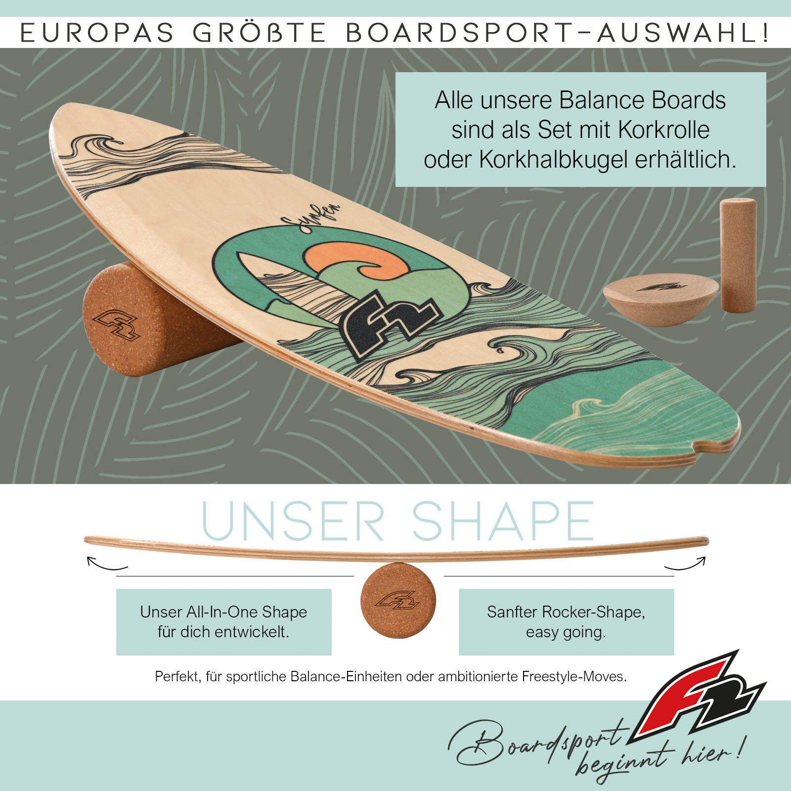 F2 Set Balance Board Halfshell 88x32cm + semiesfera y rodillo de corcho 2/6