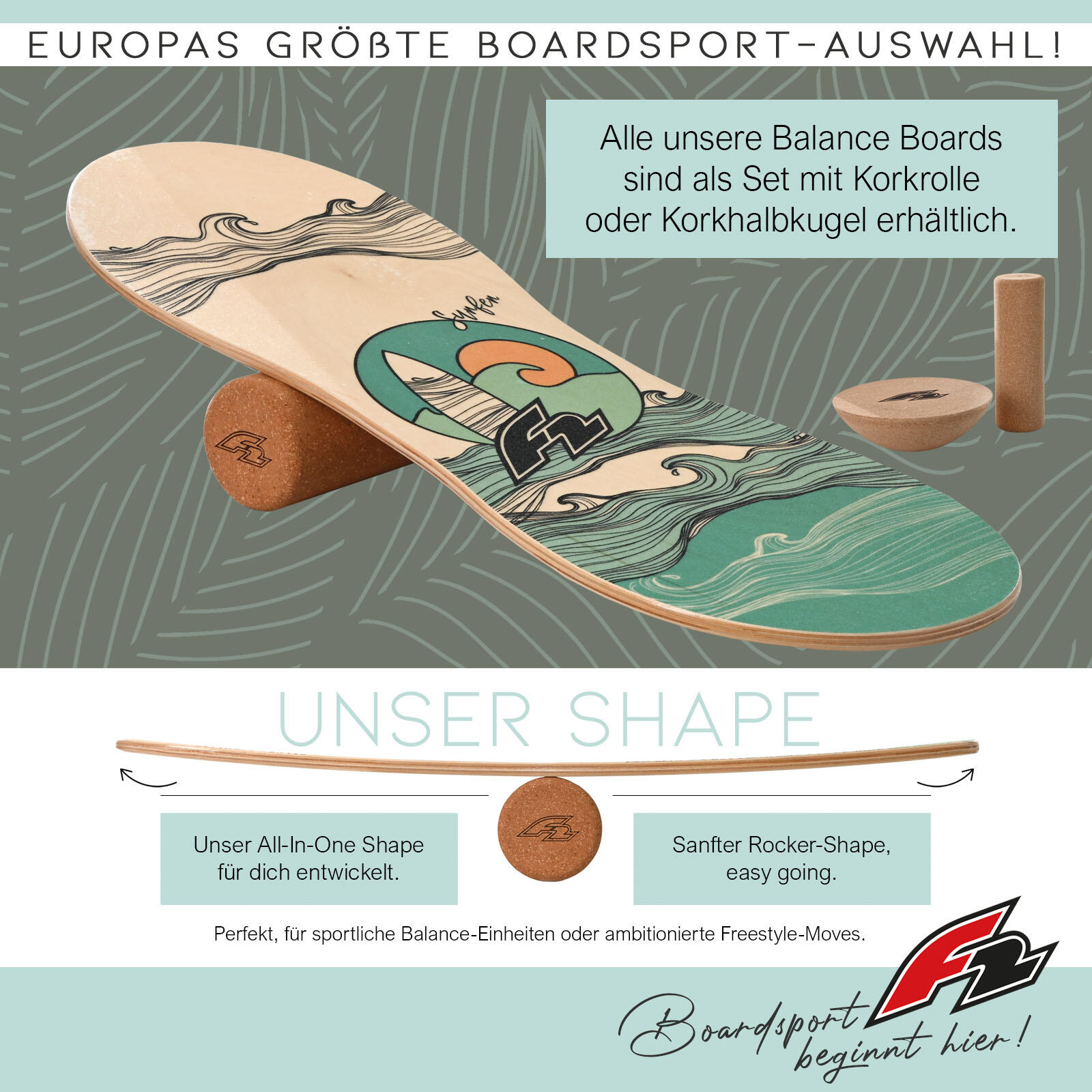 F2 Set Balance Board Peanut 86x32cm + semisfera e rullo in sughero 2/6