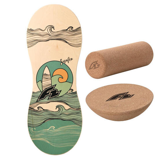 F2 Set Balance Board Peanut 86x32cm + Halbkugel und Korkrolle