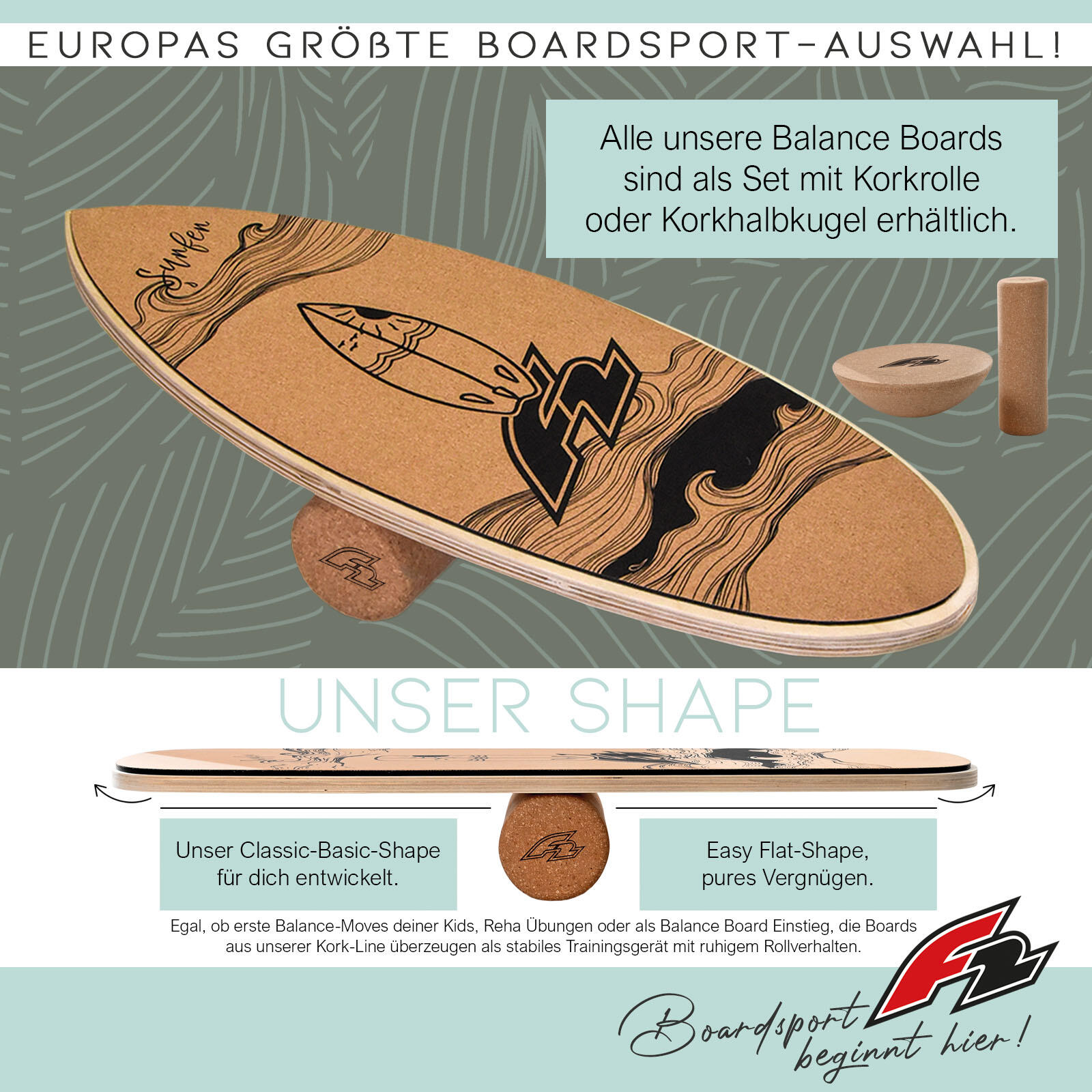 F2 Set Kork Balance Board Surf Flat Shape 74x30cm + Korkrolle 2/7