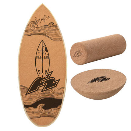 F2 Kork Balance Board Surf 74x30cm mit Korkrolle + Kork Halbkugel