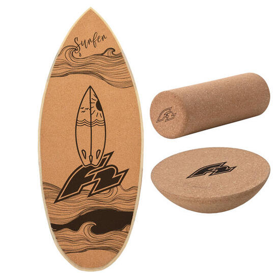 F2 Kork Balance Board Surf 74x30cm mit Korkrolle + Kork Halbkugel