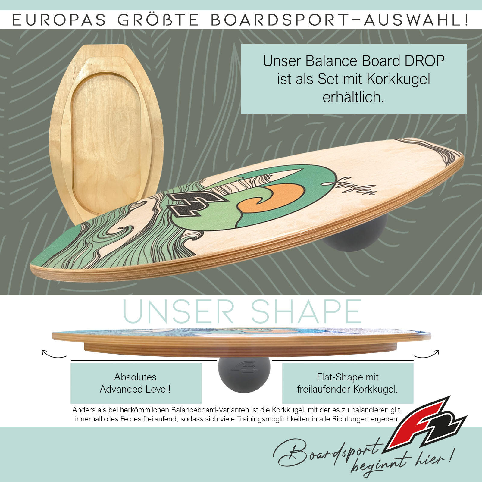 F2  Balance Board Drop inkl. Ball  60x35cm Natur 2/5