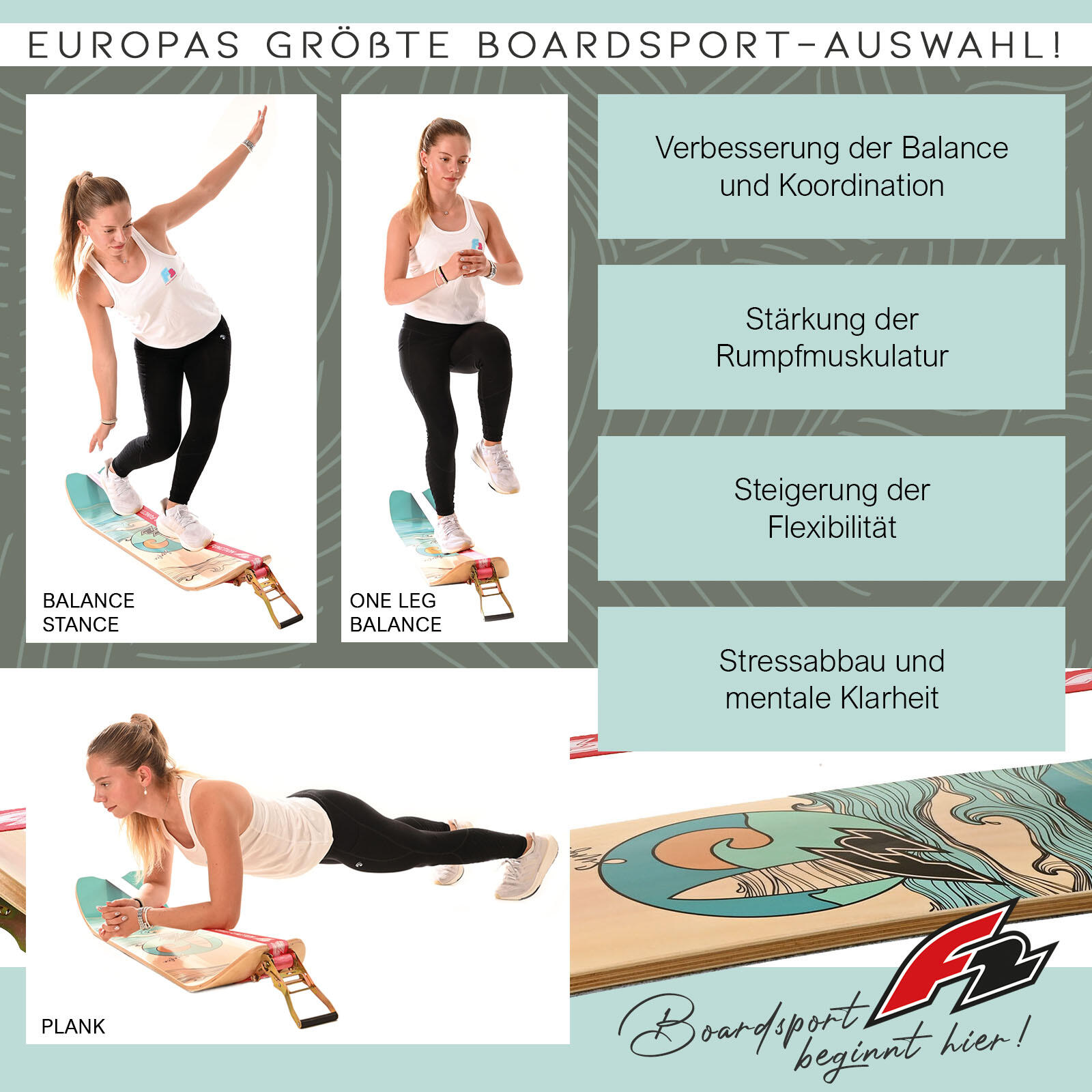 F2  Balance Board Surfline Board Slackline Training 105x27,5cm Blau 3/6