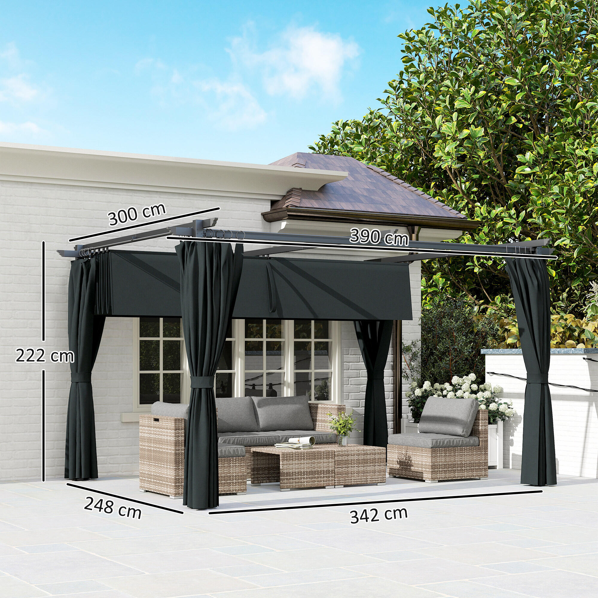 Pérgola aluminio 3x4 m con techo retráctil y cortinas laterales 3/6