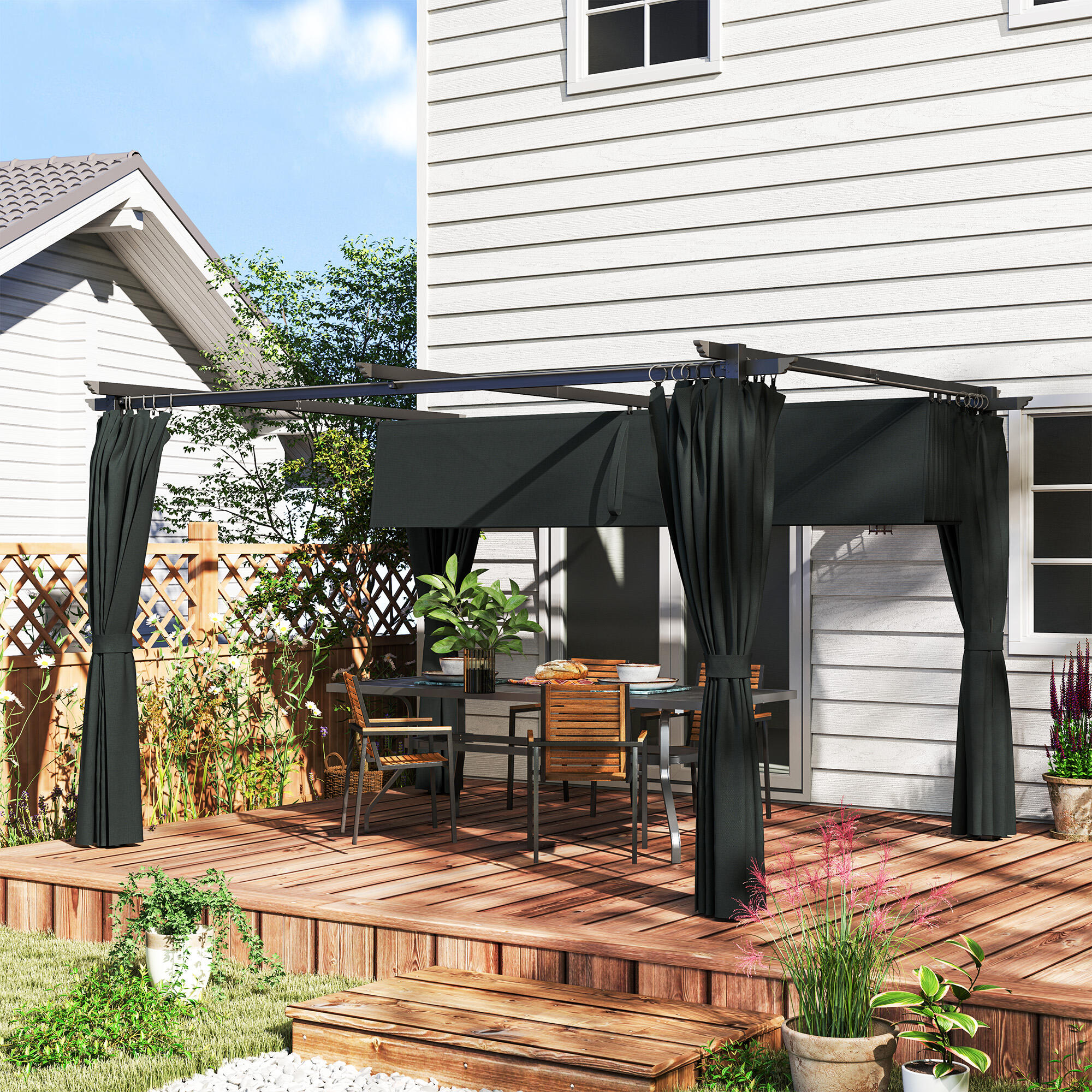 Pérgola aluminio 3x4 m con techo retráctil y cortinas laterales 2/6