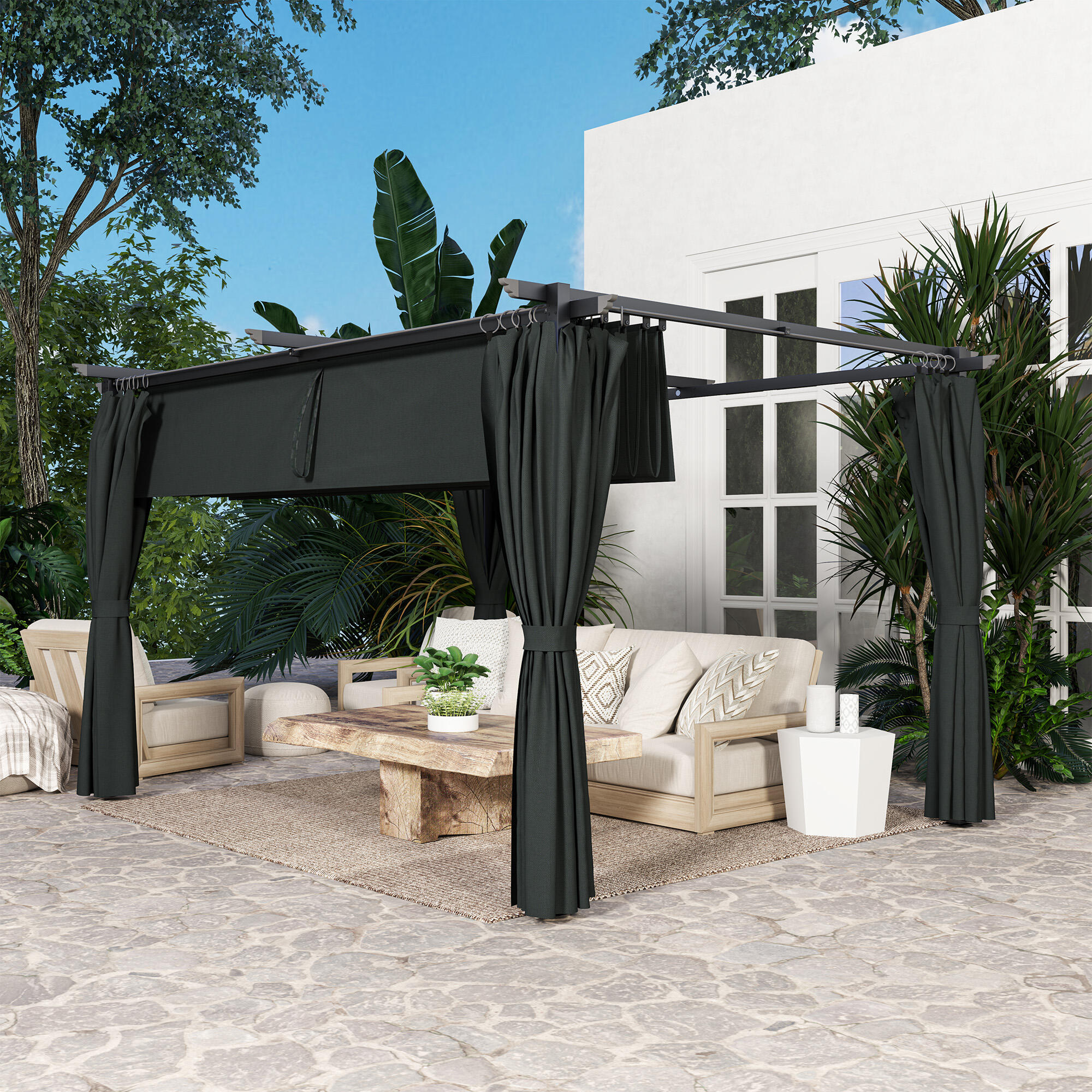 Pérgola aluminio 3x4 m con techo retráctil y cortinas laterales 5/6