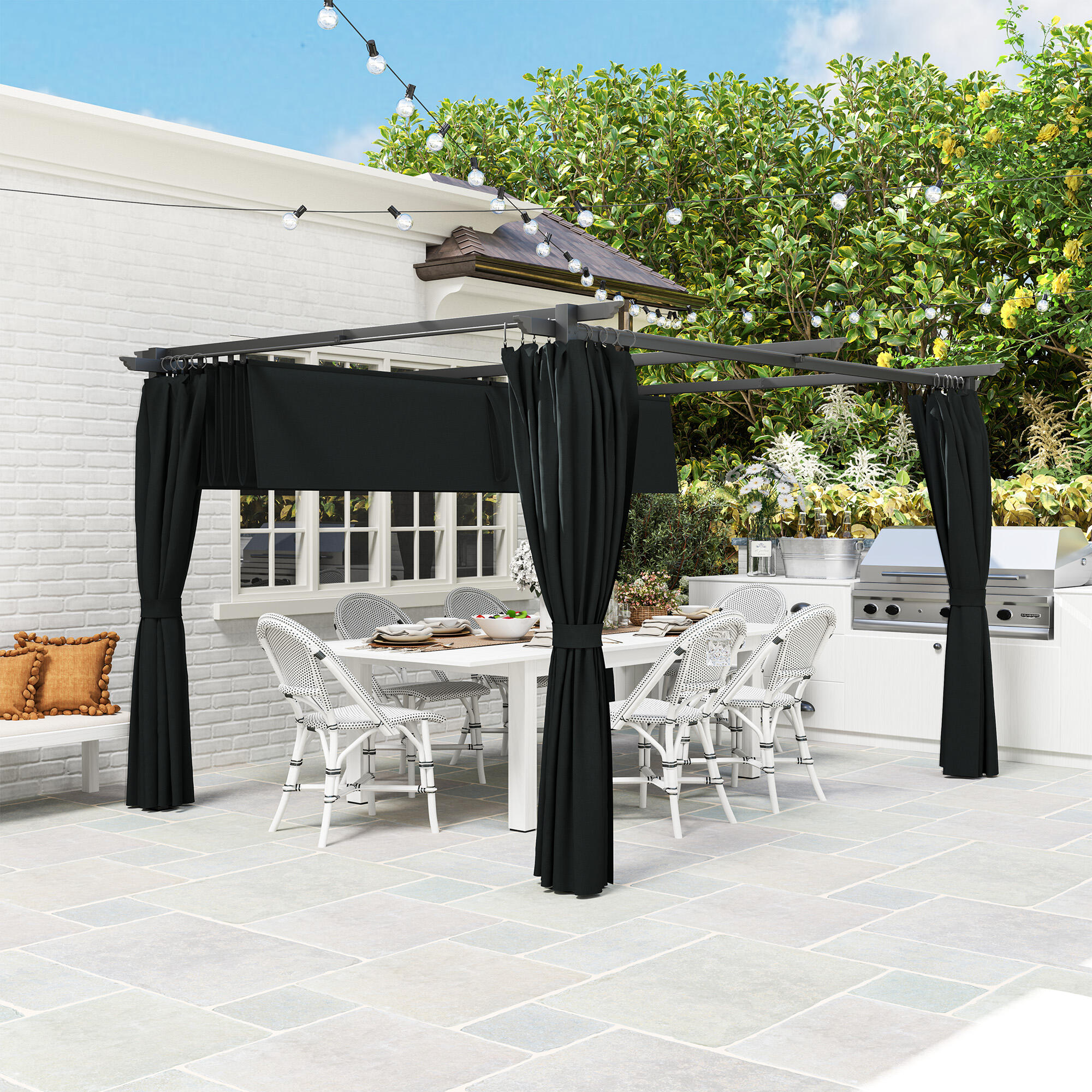 Pérgola aluminio 3x4 m con techo retráctil y cortinas laterales 4/6