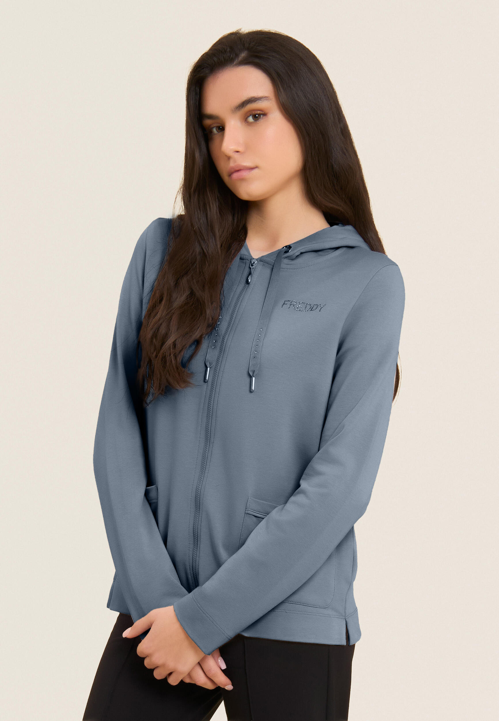 Sweat-shirt avec fermeture zippée et capuche avec paillettes et insertion effet 2/5
