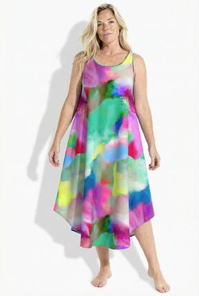 Damen Midikleid A-Linie Rundhalsausschnitt ärmellos