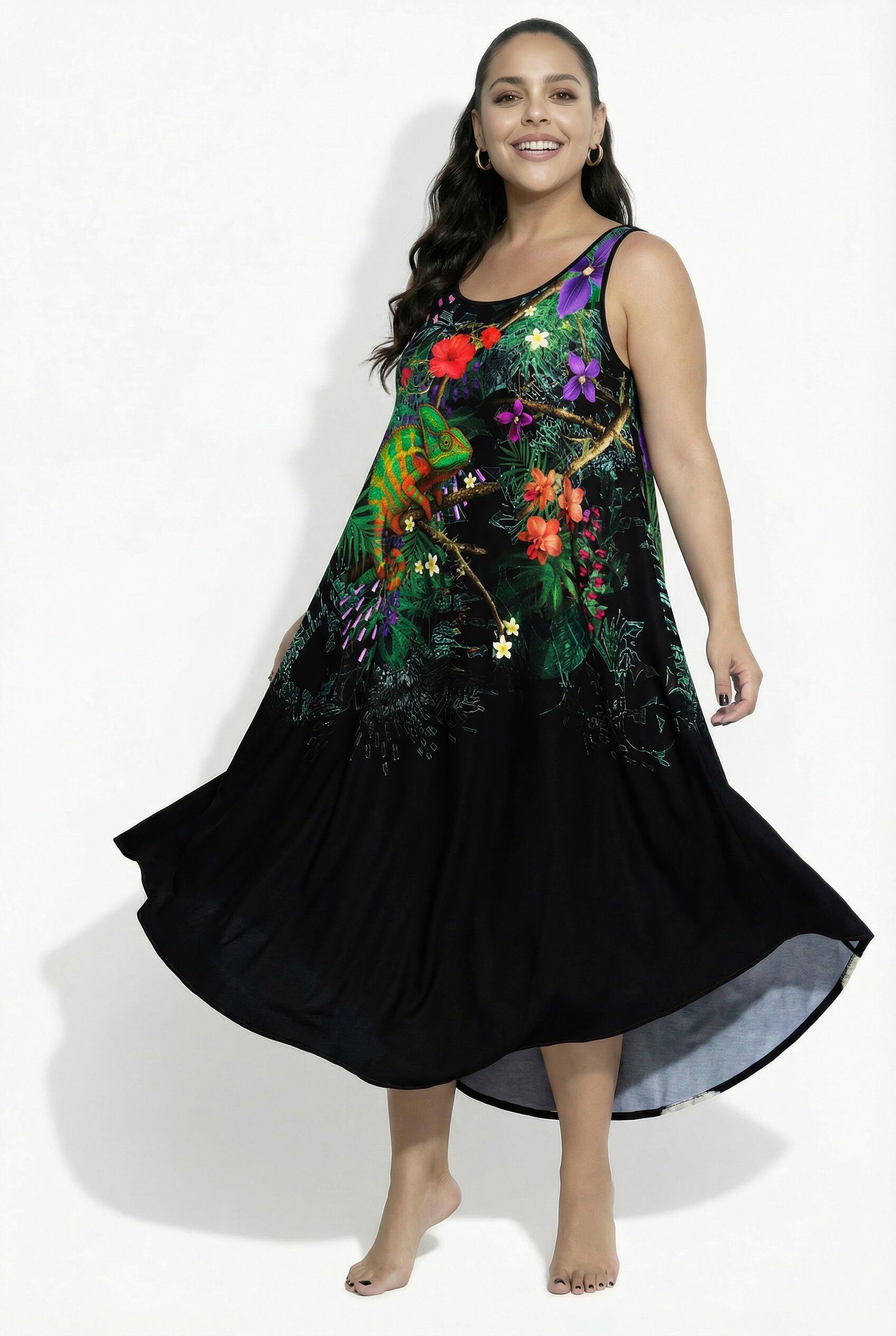 Femme Robe midi sans manches décolleté rond et motif caméléon coupe évasée 6/7