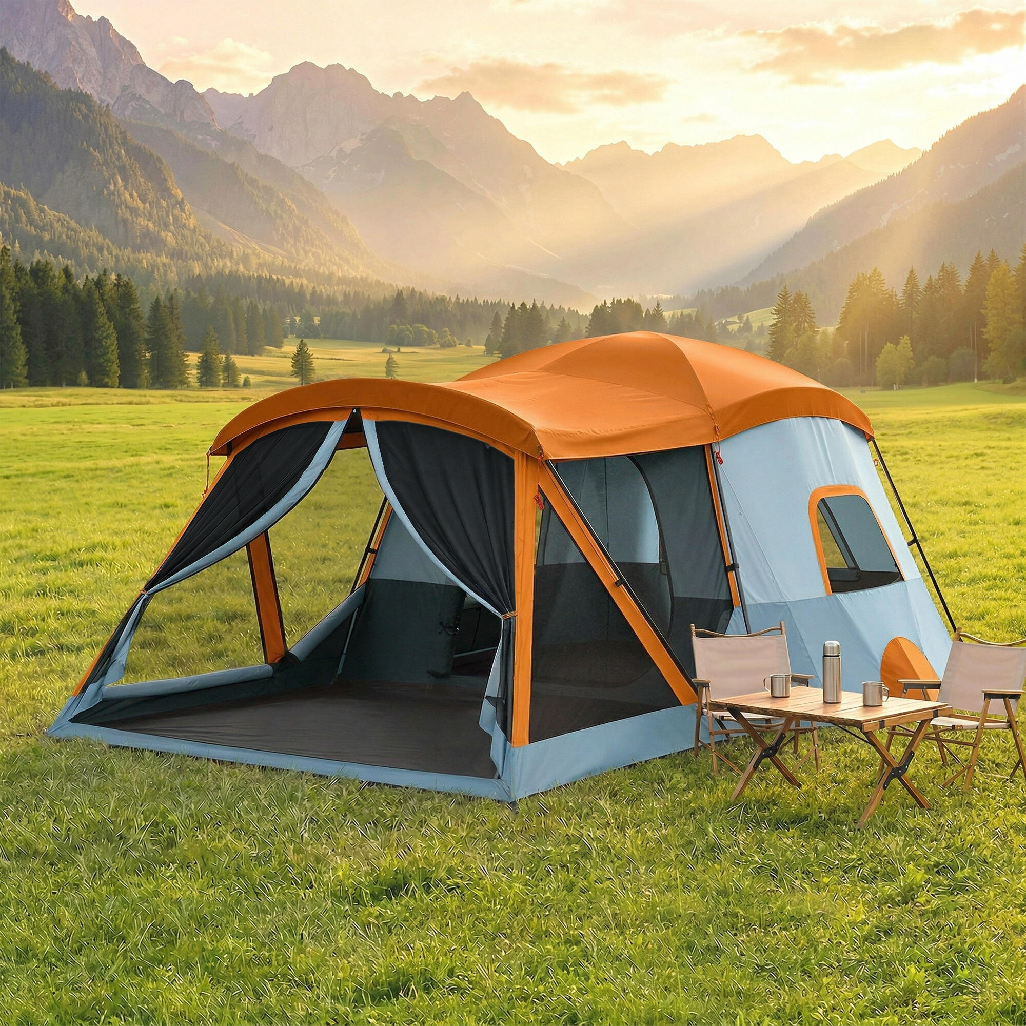 Tenda de campismo 530x380x220 cm laranja e azul Outsunny 2/5