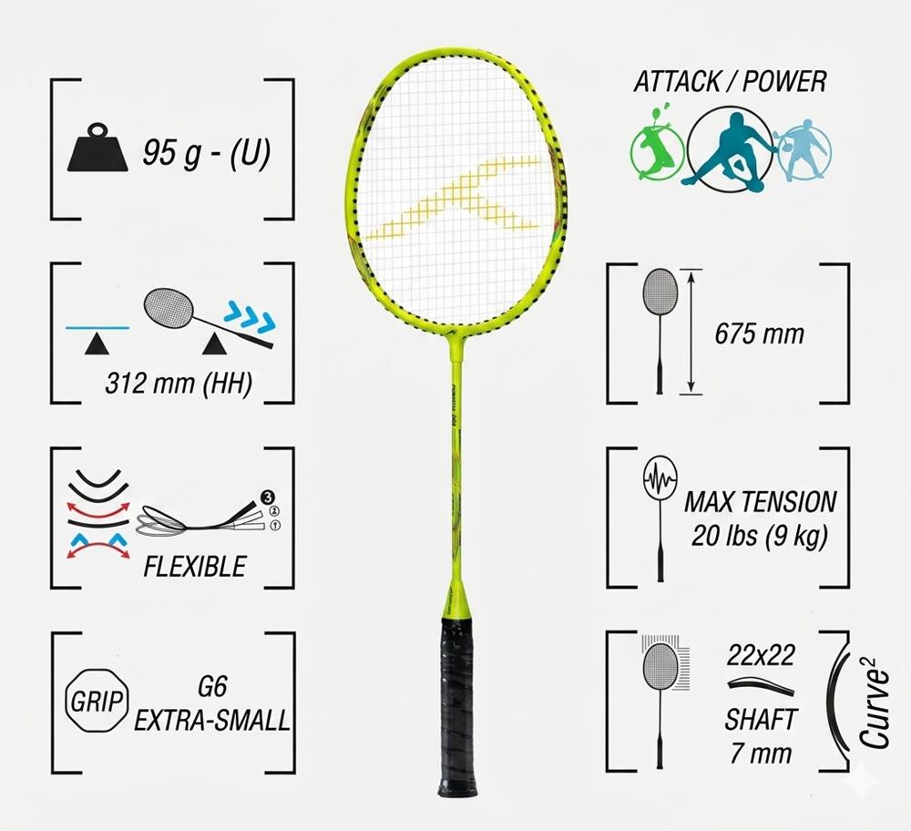 Badmintonschläger (2er-Pack) – Powertek 200 für Anfänger Neongrün 2/7