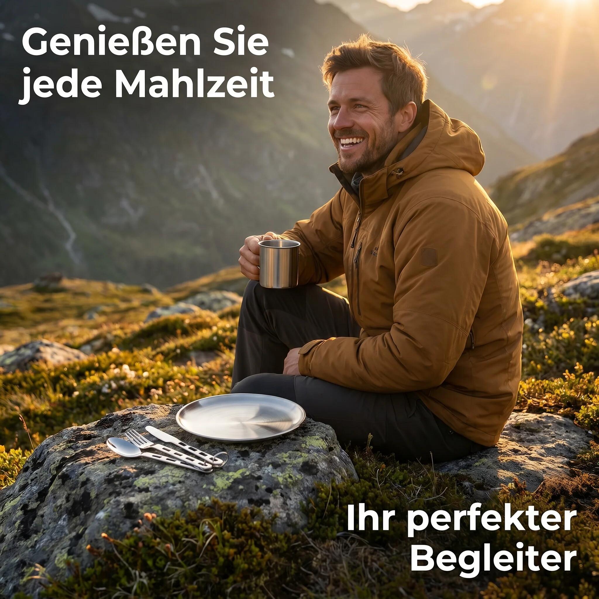 Ultraleichtes Camping Edelstahl Teller Set Becher Teller Besteck 222 g 6/7