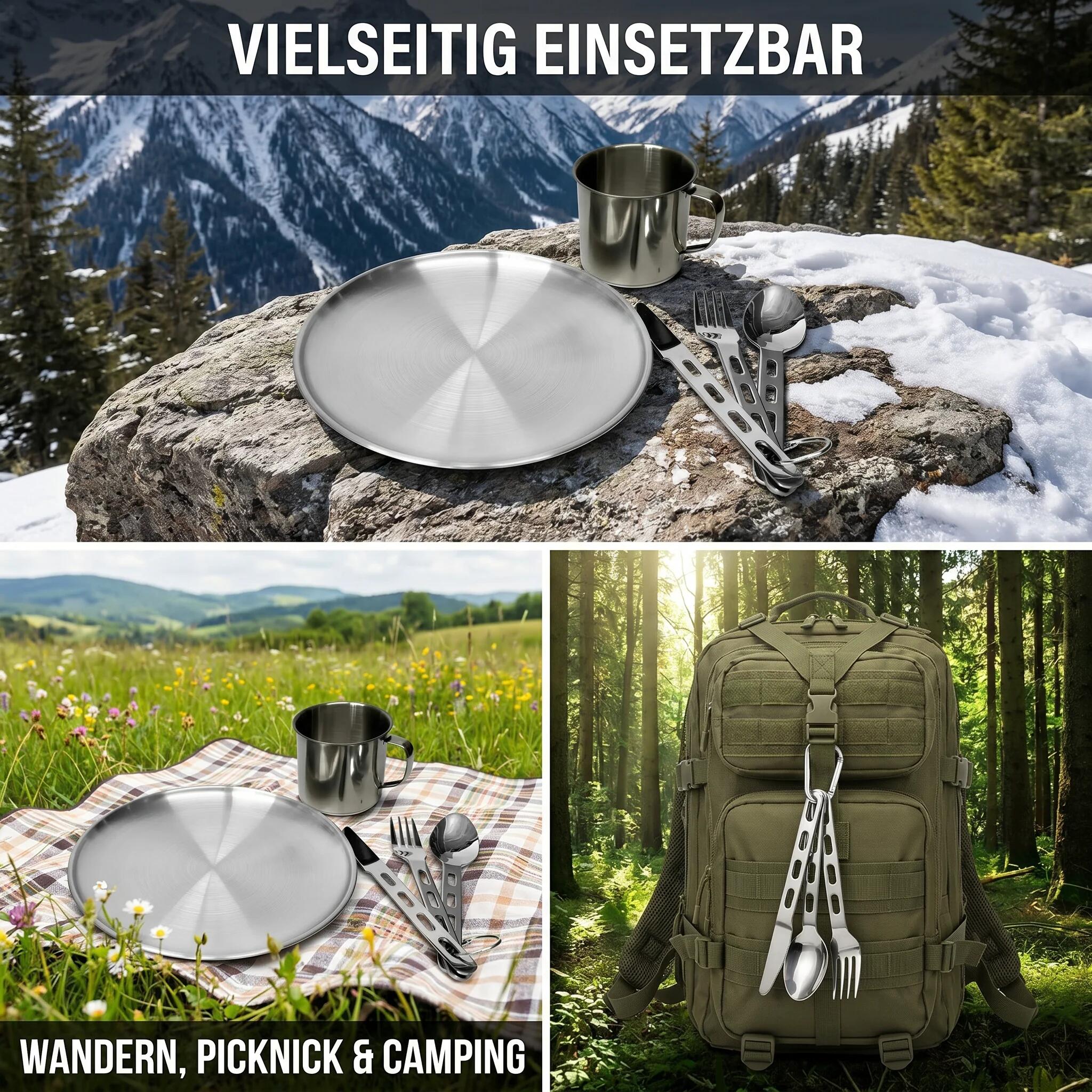 Ultraleichtes Camping Edelstahl Teller Set Becher Teller Besteck 222 g 7/7