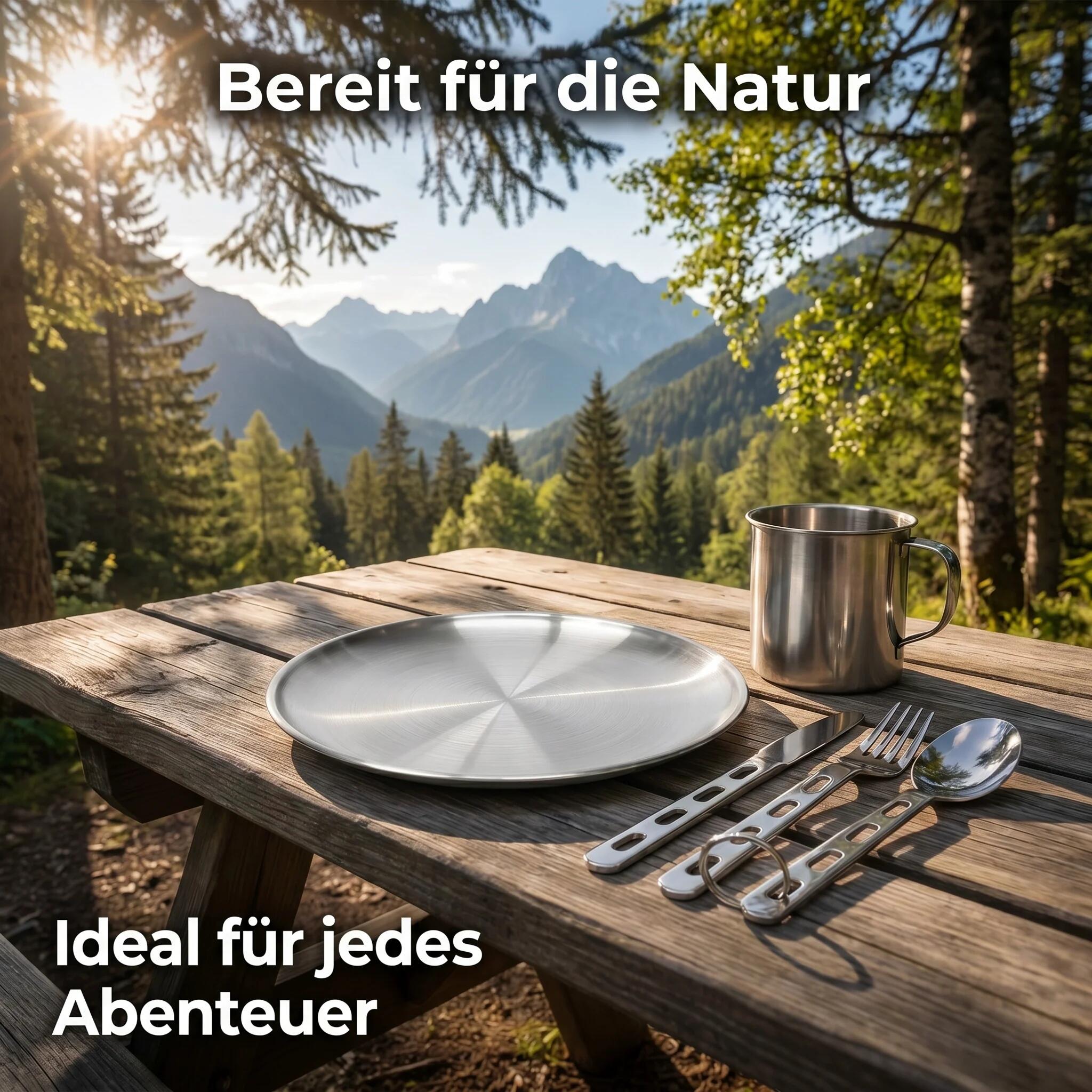 Ultraleichtes Camping Edelstahl Teller Set Becher Teller Besteck 222 g 5/7