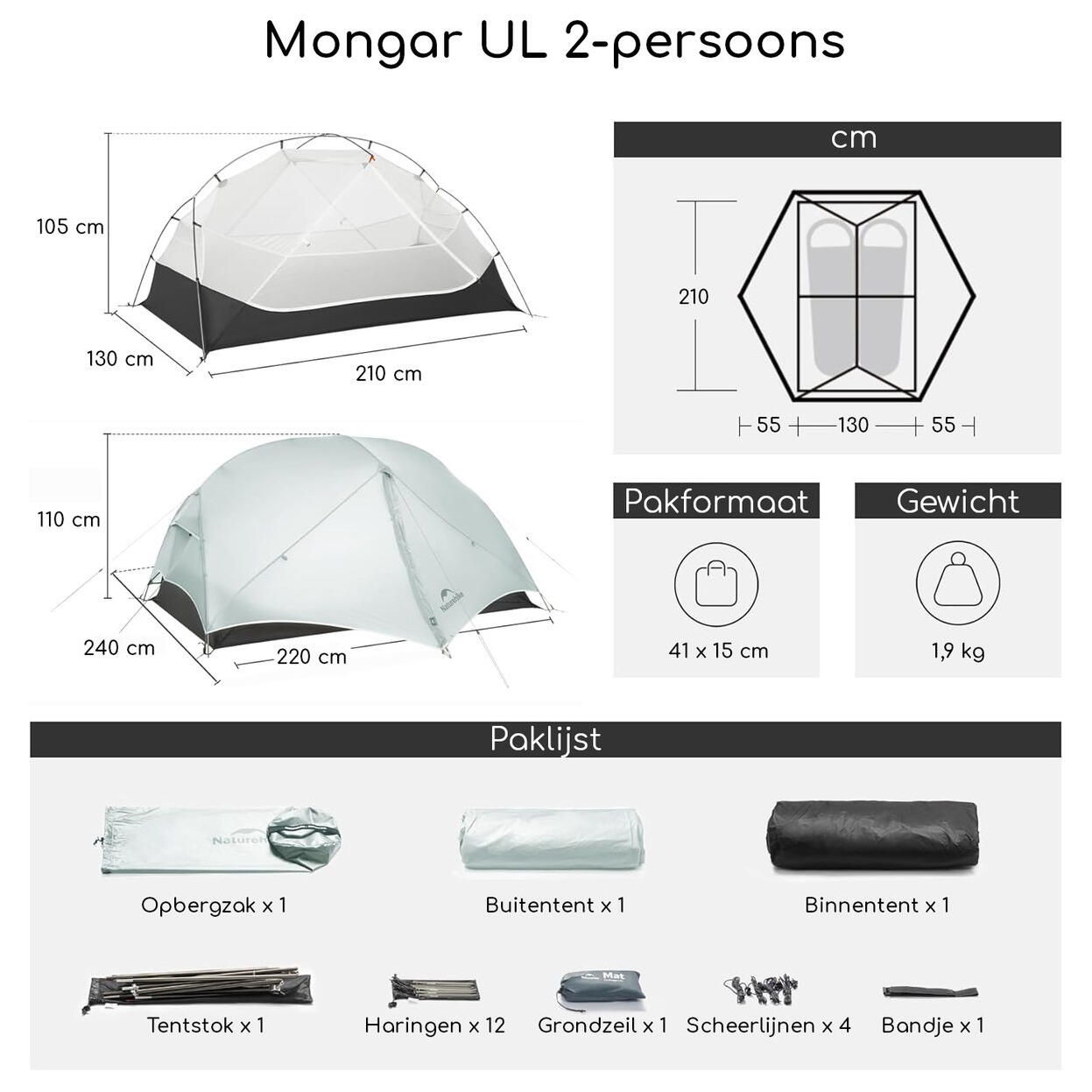 Naturehike Mongar UL 2 – Ultraleichtes 2-Personen-Zelt - Steingrau 7/7