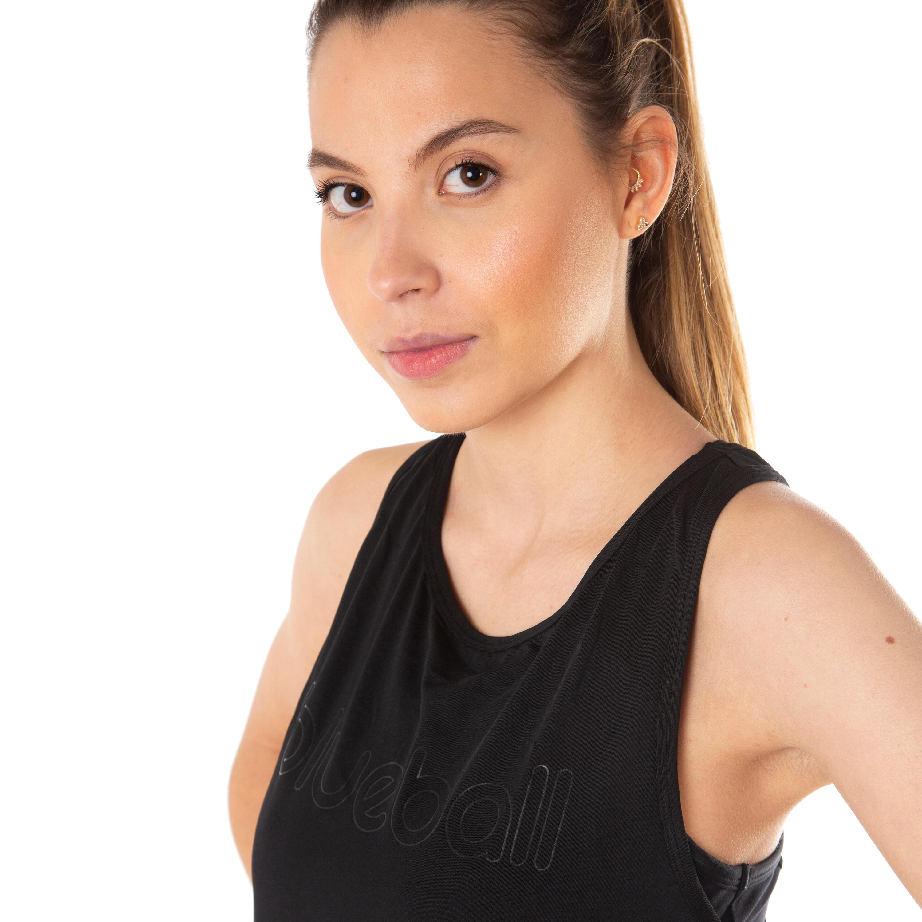 T-SHIRT RUNNING SLIM FEMME SANS MANGAS BlueBall EN NOIR AVEC LOGO NOIR 4/7