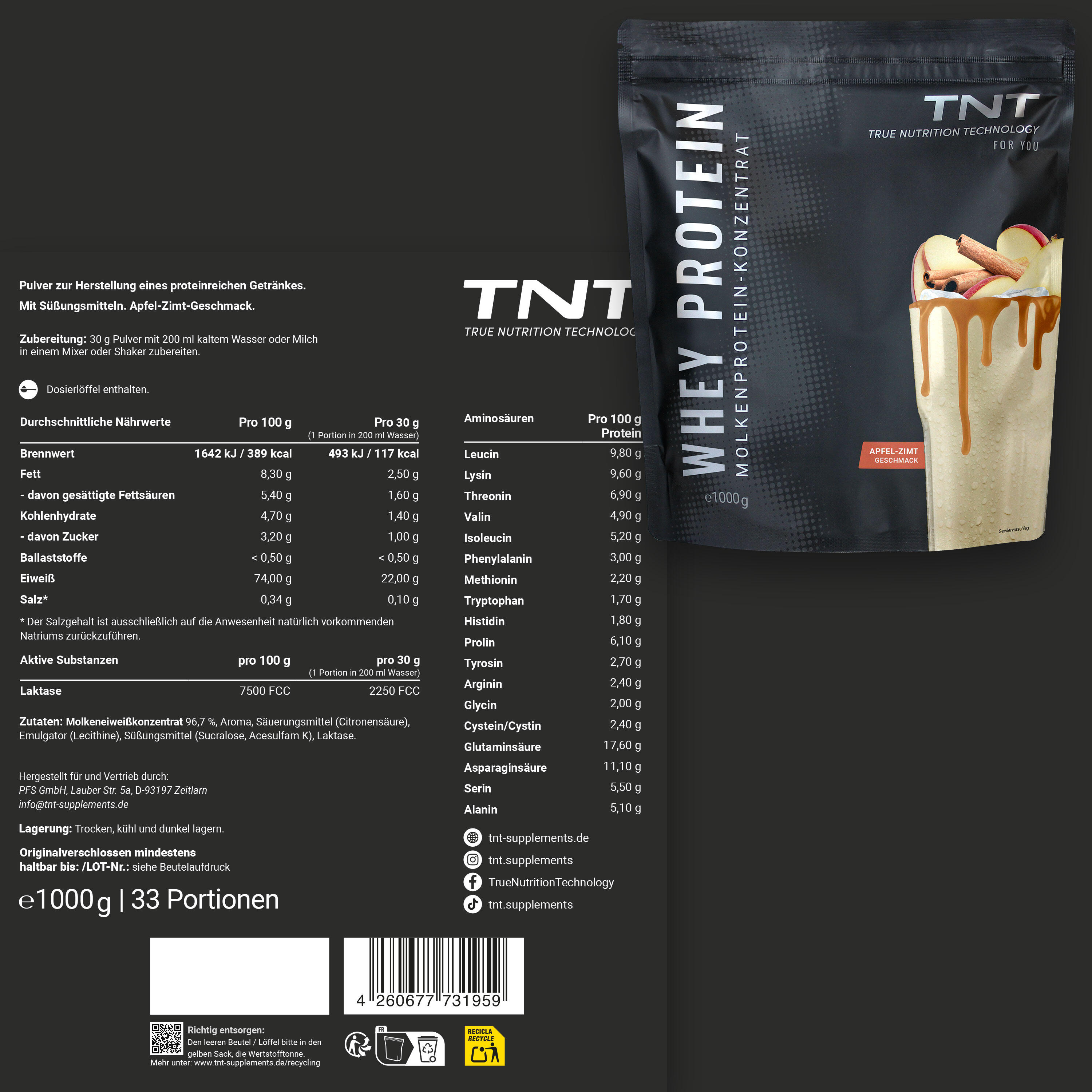 Whey Protein Konzentrat / Eiweißpulver - Apfel-Zimt (1000g) 2/7