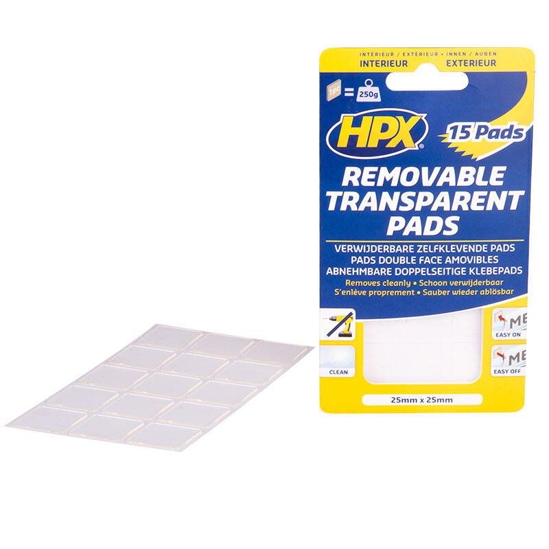 HPX Transparent Removable Self-Adhesive Pads, 15 pcs 25 x 25 mm