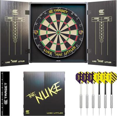 Luke littler dartbord kabinet set met sisal dartbord en dartpijlen