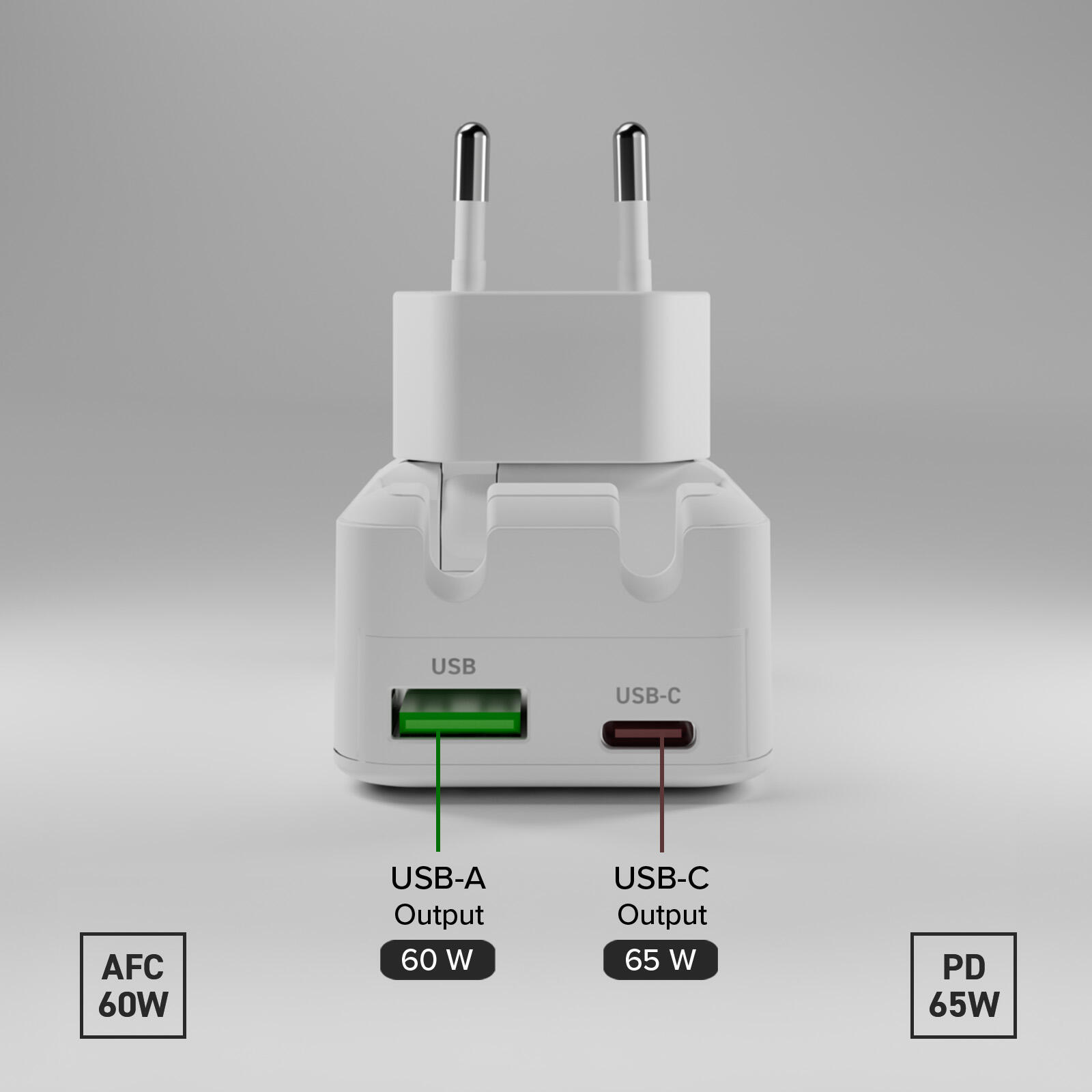 Caricabatterie 65W PD, spina pieghevole, porte USB-A e USB-C, design slim 3/7