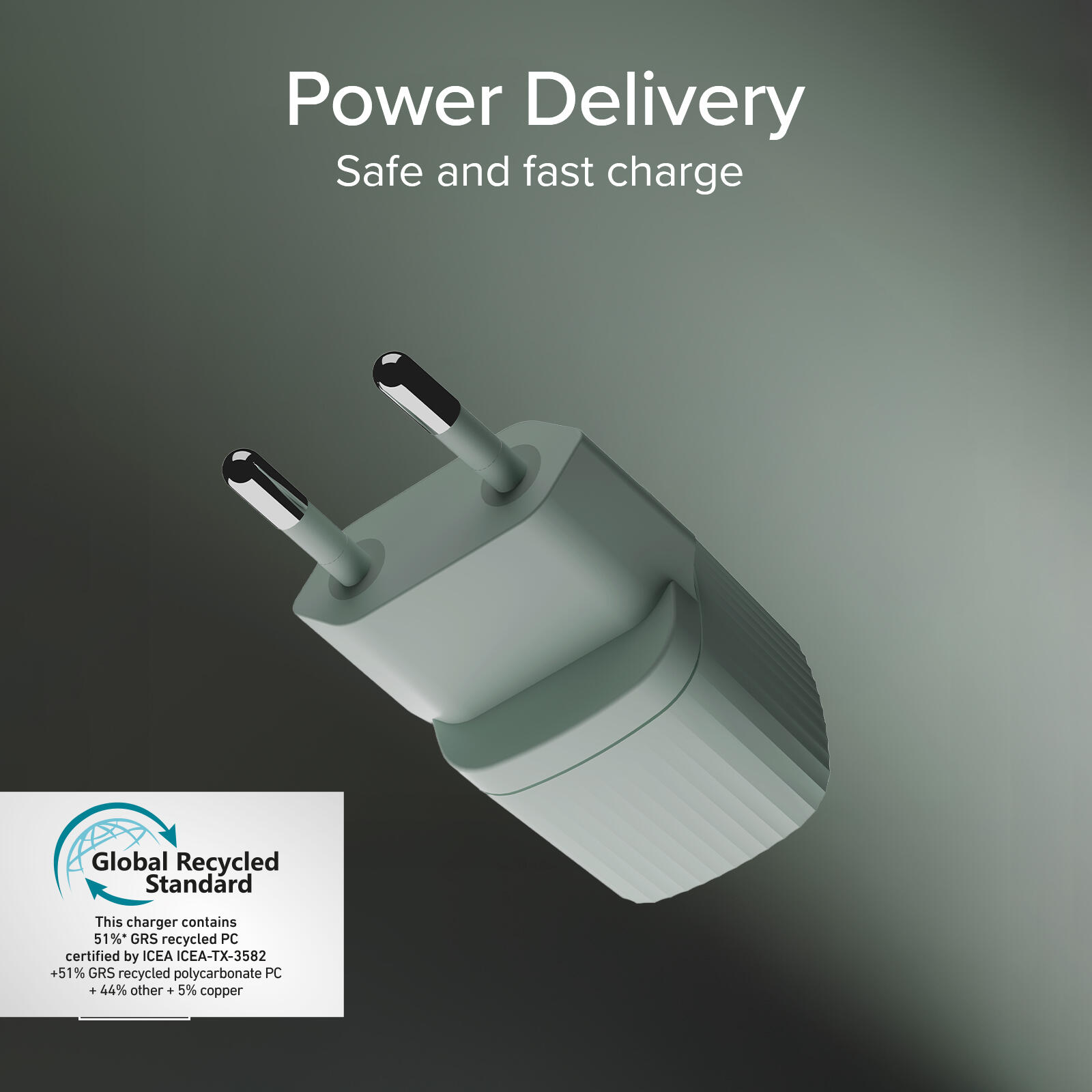Caricatore USB-C ecologico, 25W, Power Delivery, Plastica riciclata GRS 6/7